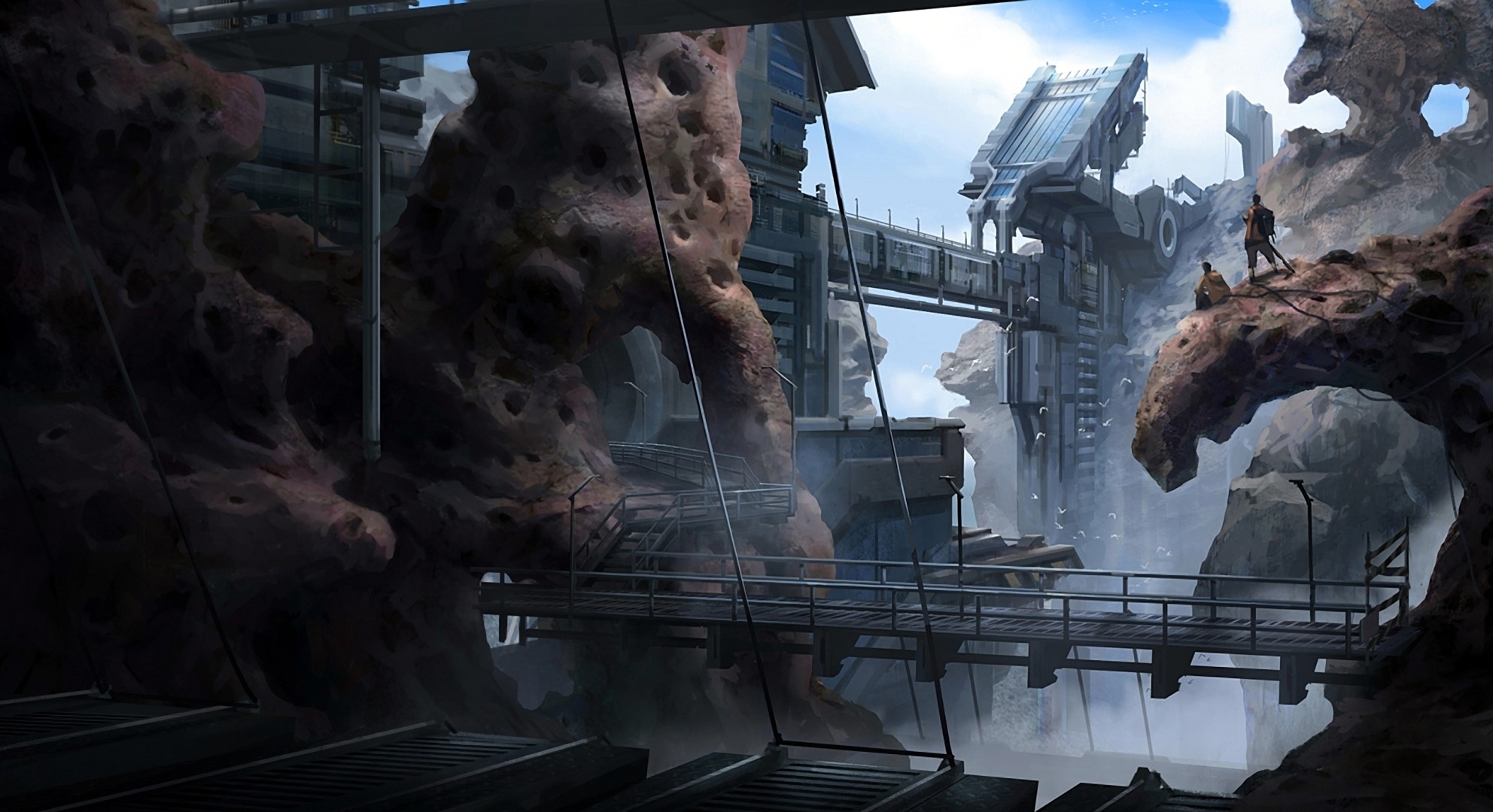 Futuristic industrial complex built into rocky cliffs HD Wallpaper
