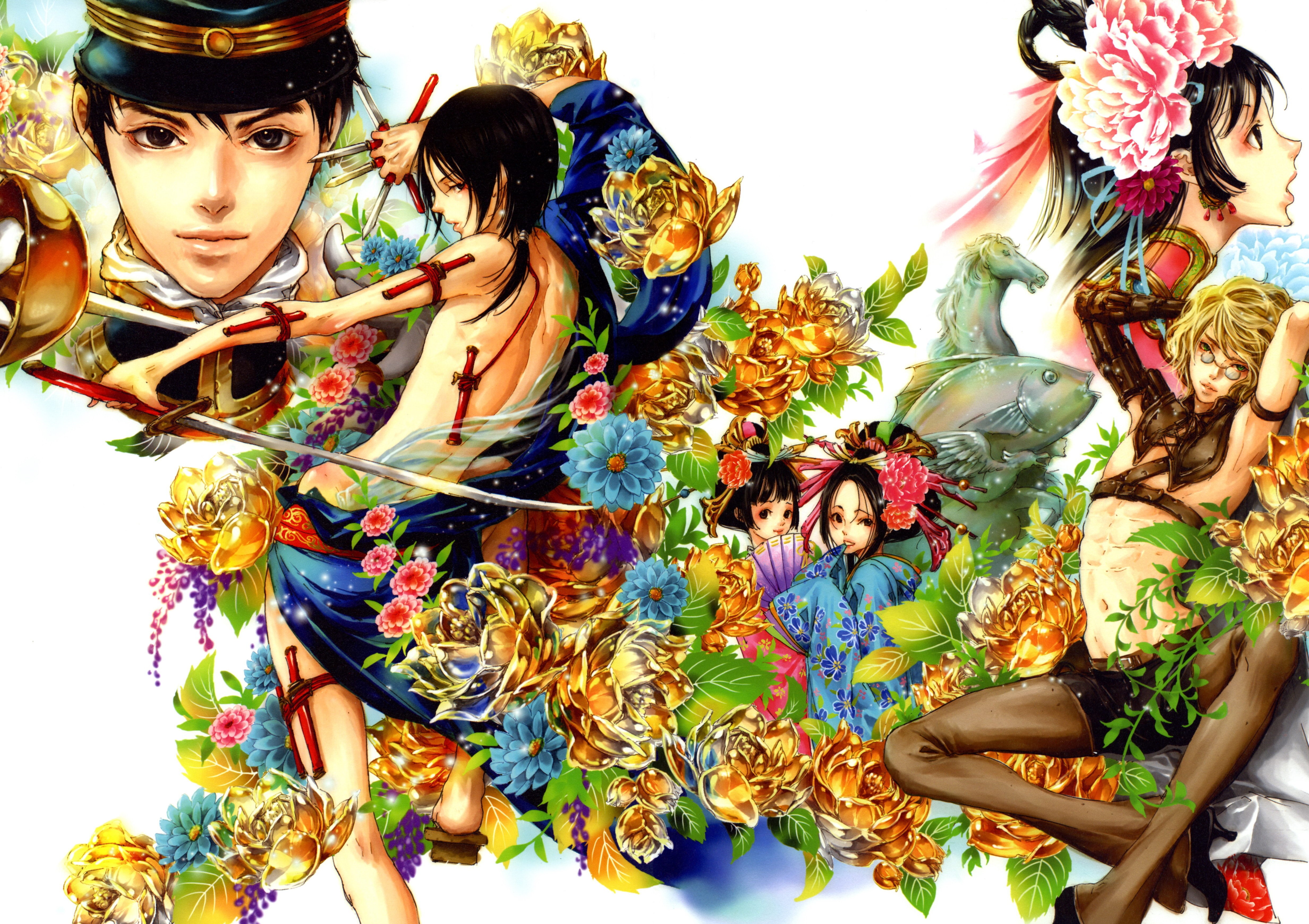 4K Anime Art with Multiple Characters and Flowers HD Wallpaper