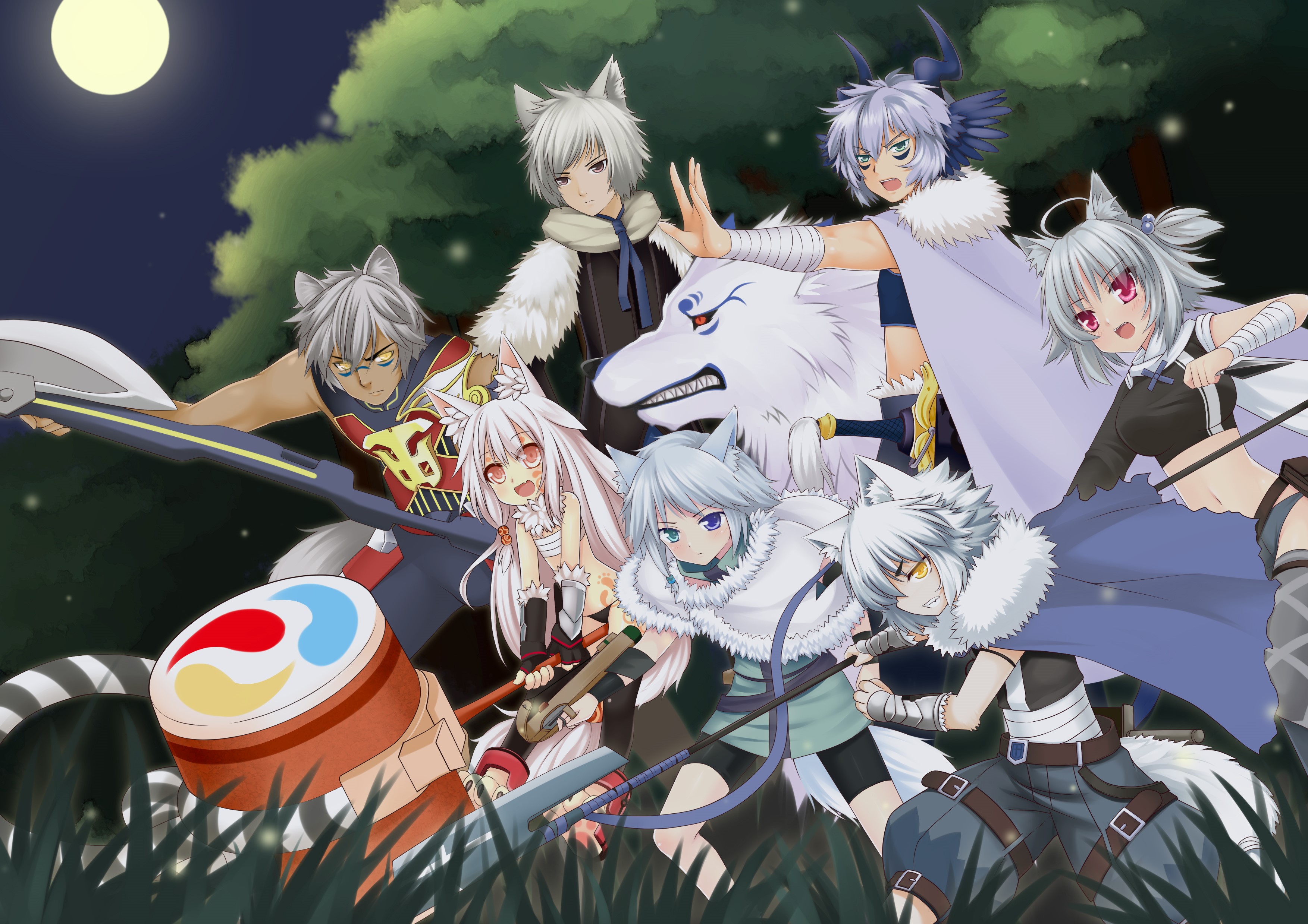 Anime wolf-like characters with weapons in a forest HD Wallpaper