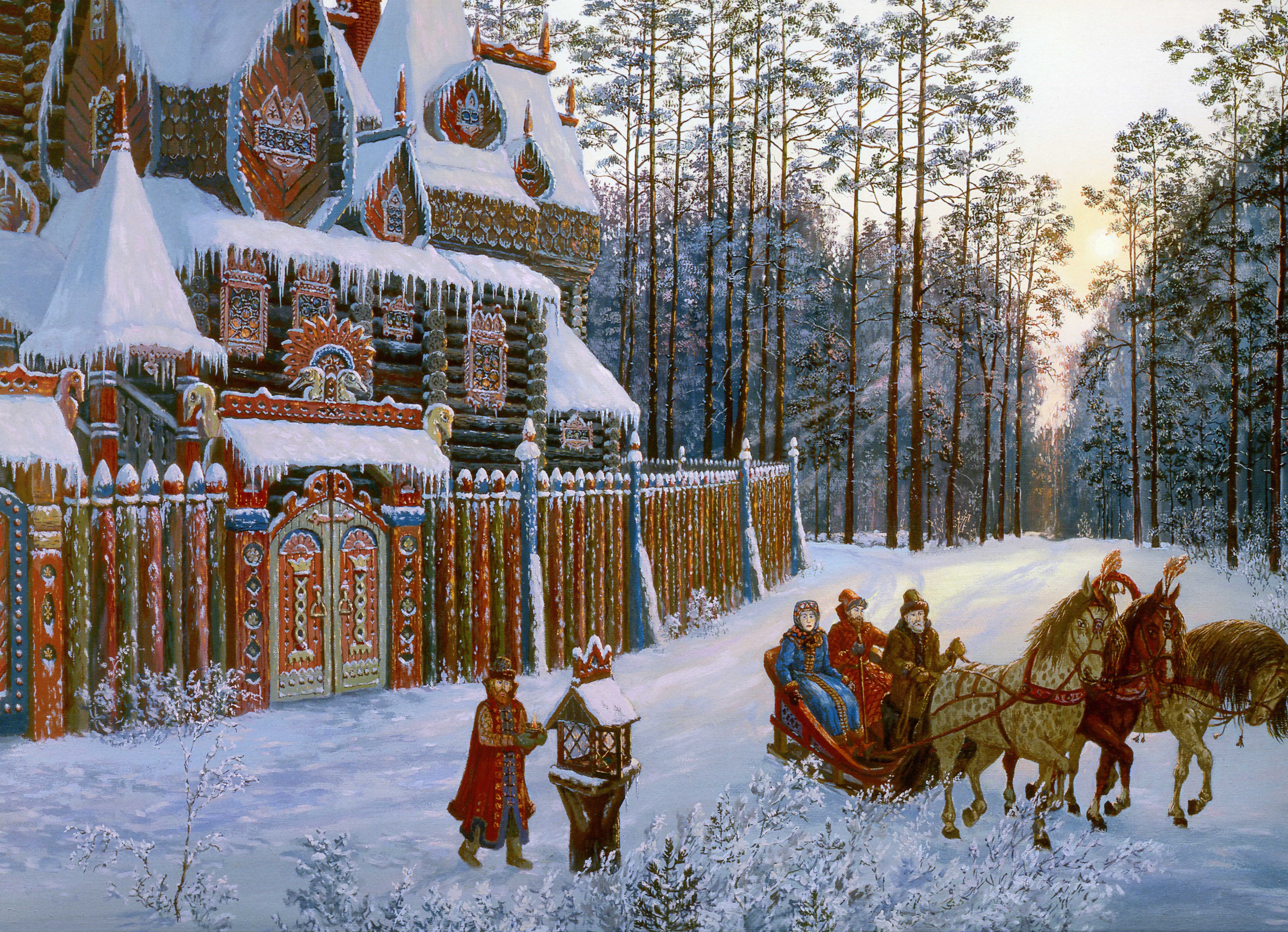 Vsevolod Ivanov painting of a winter scene with a sleigh HD Wallpaper