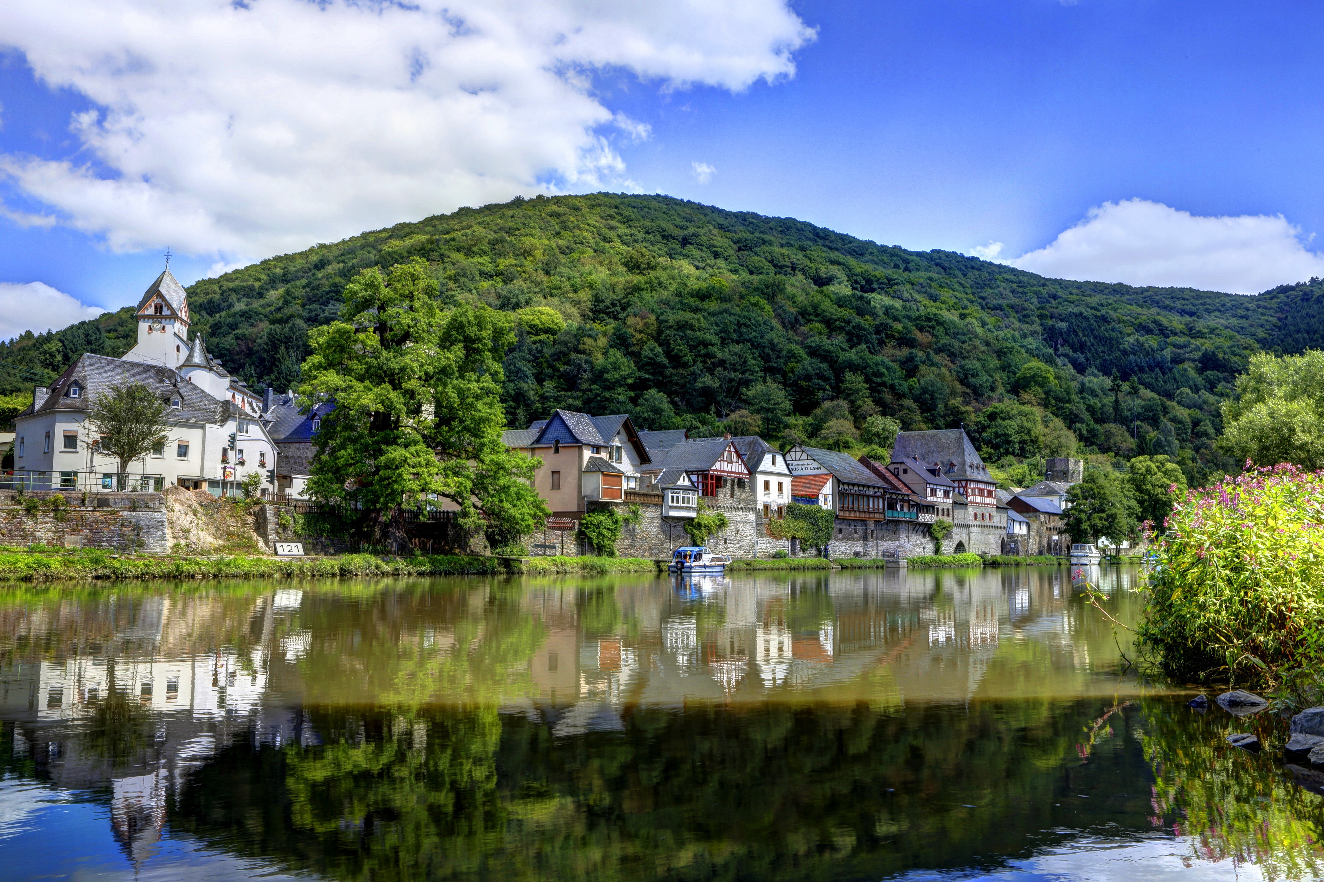 Village on a river in Germany HD Wallpaper