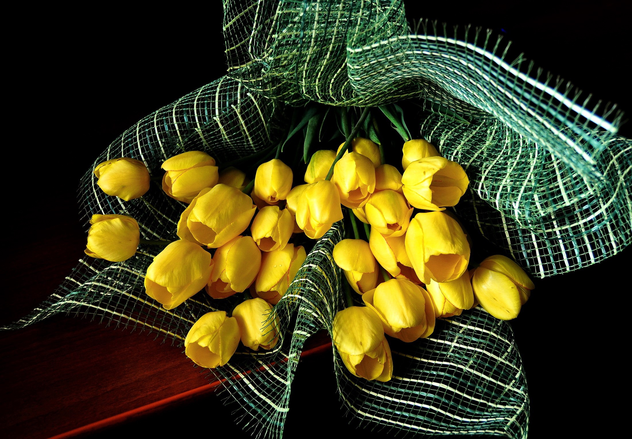 Bouquet of yellow tulips with green mesh HD Wallpaper