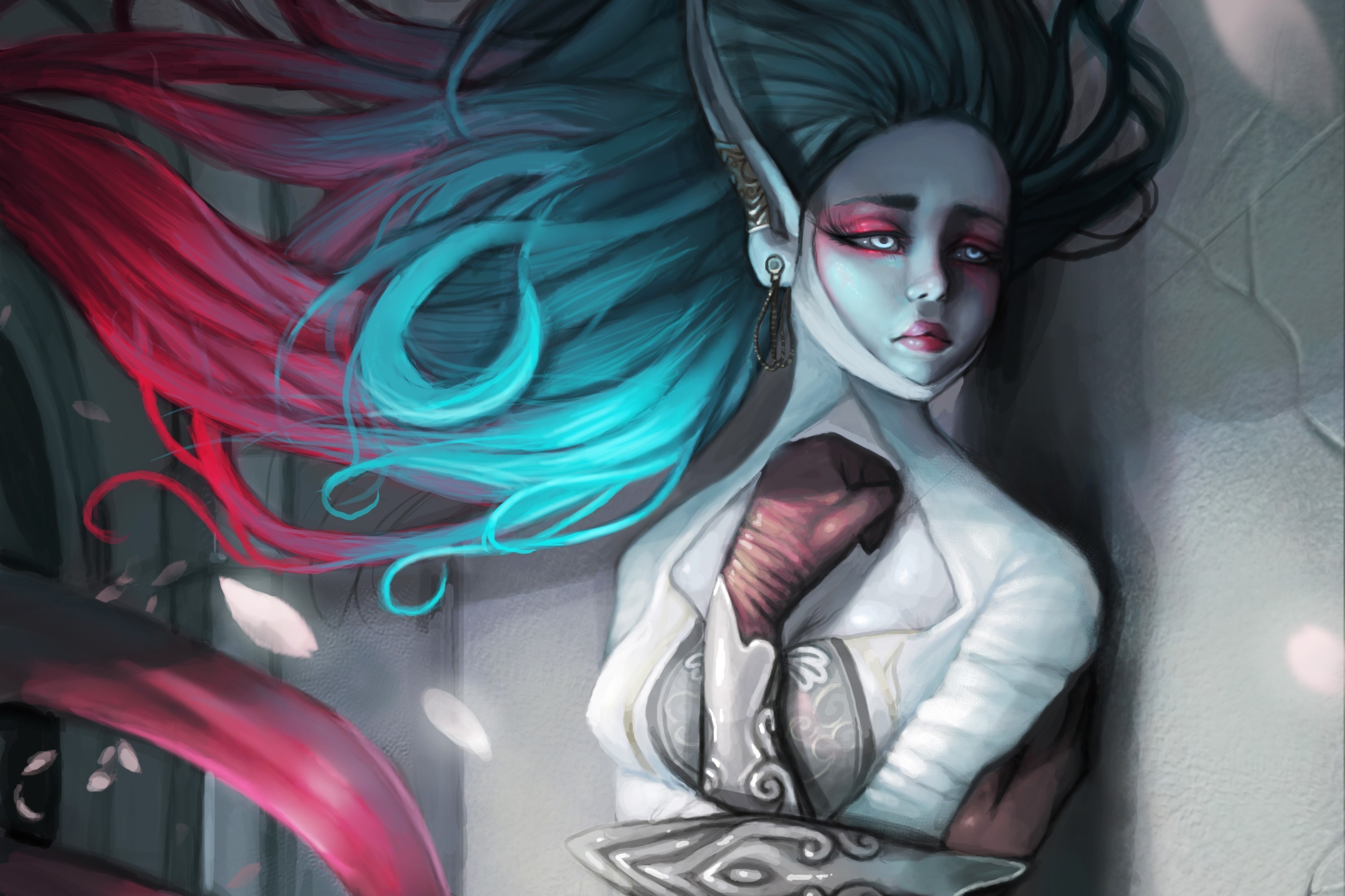 Elf with dual-colored hair and ornate armor HD Wallpaper