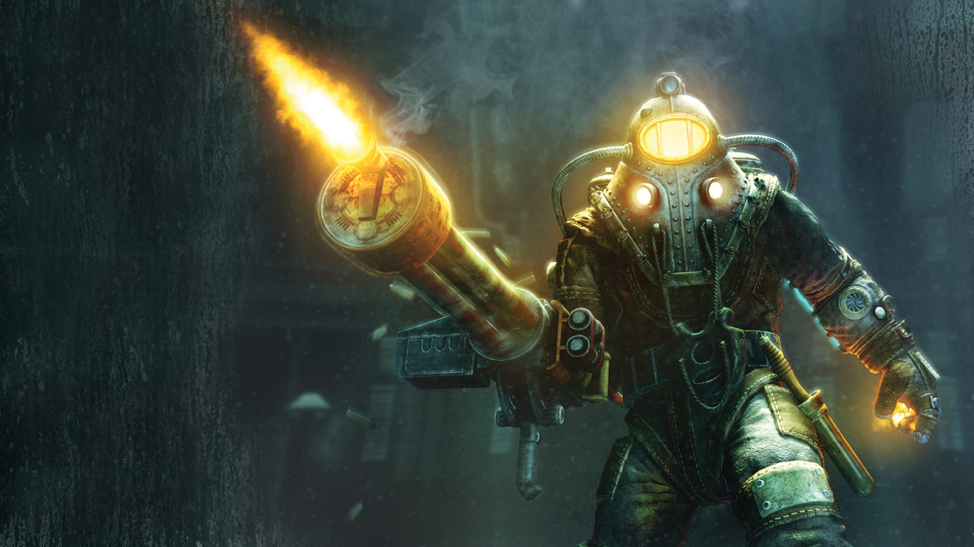 Big Daddy from BioShock firing a rivet gun HD Wallpaper