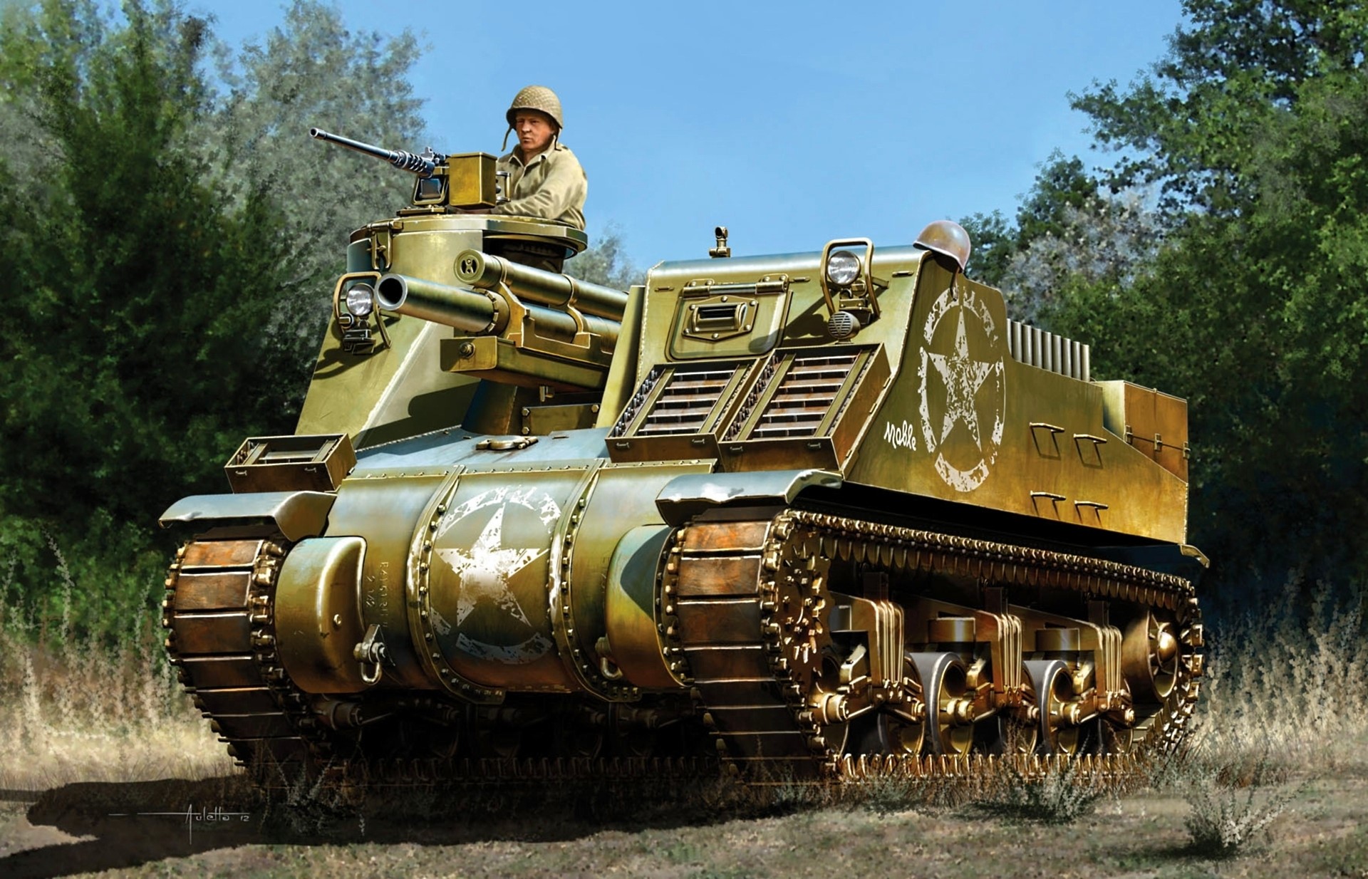 M7 Priest self-propelled howitzer with crew member HD Wallpaper