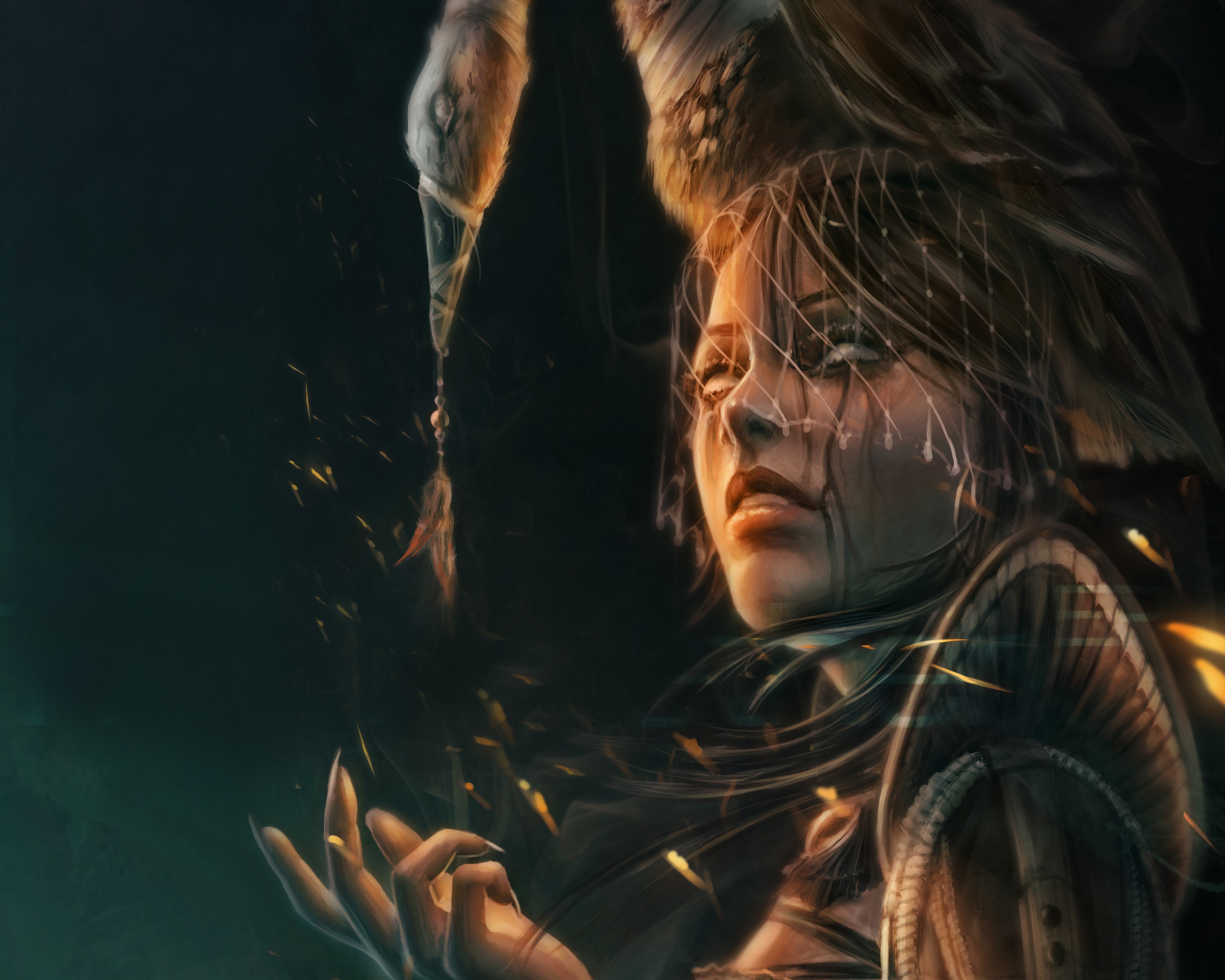 Woman with bird and feathers HD Wallpaper
