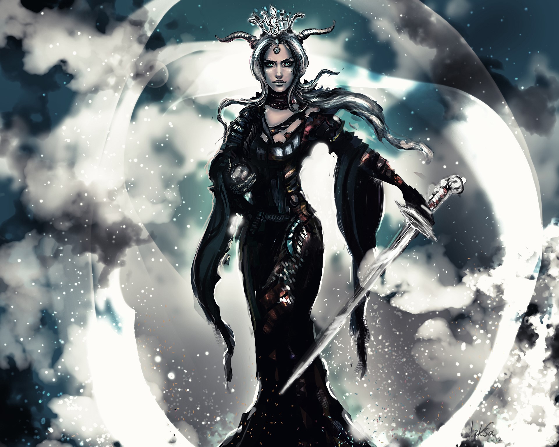 Warrior Queen with Horns and Sword HD Wallpaper