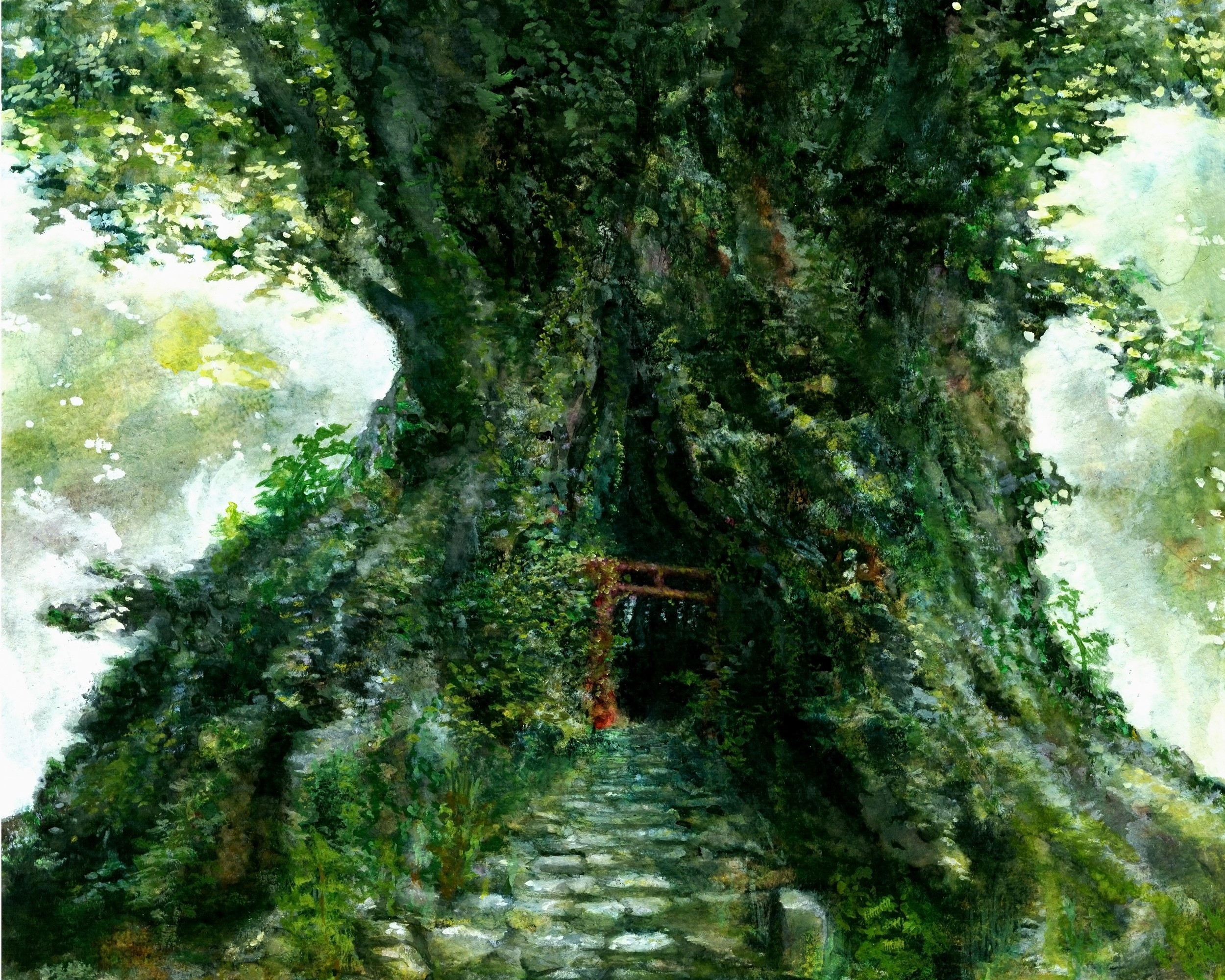 A stone path leads to a hidden shrine within a giant tree. HD Wallpaper