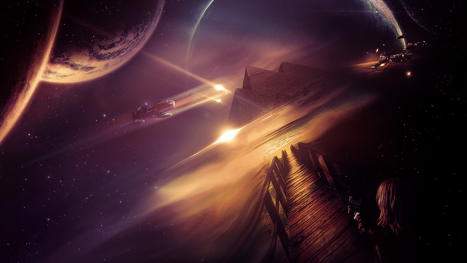 Spaceships in a cosmic battle near planets HD Wallpaper