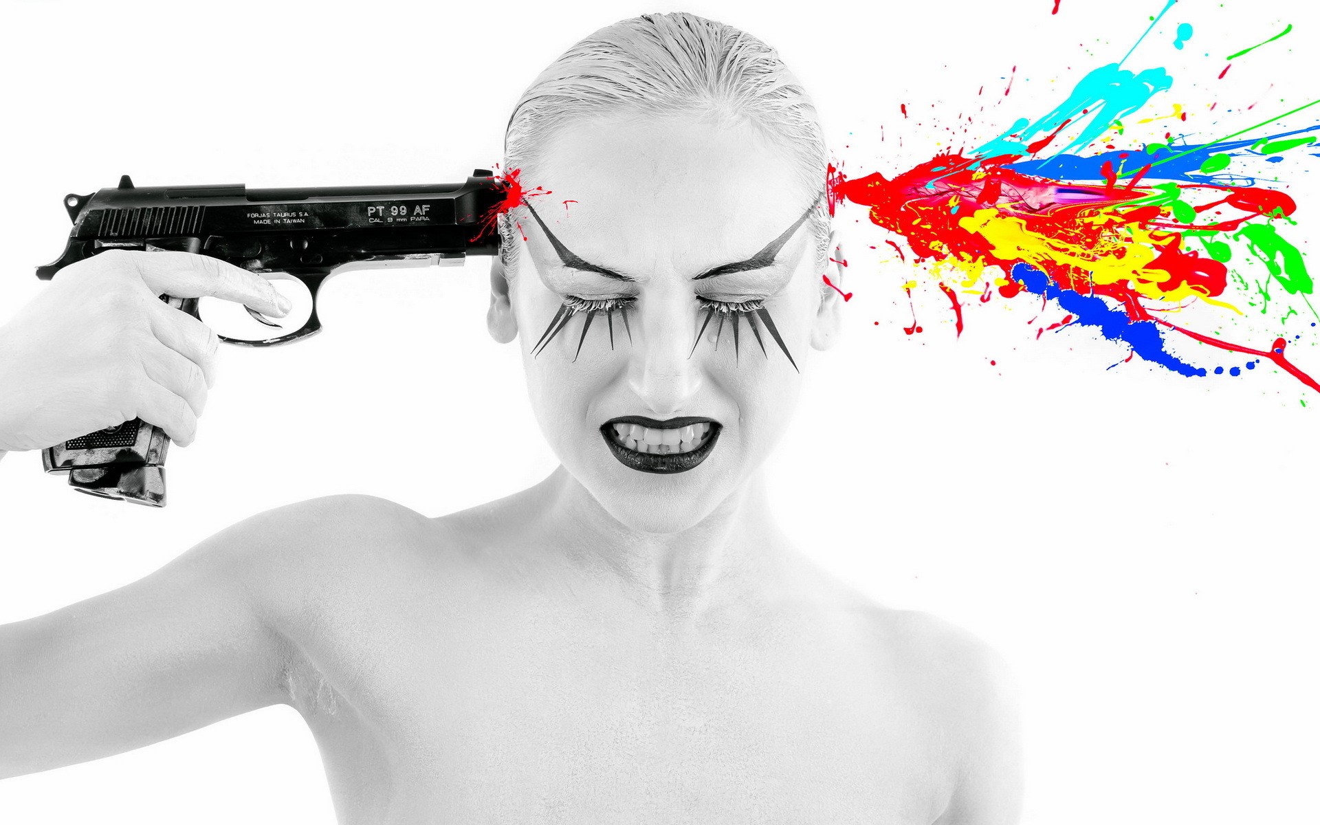 Woman with gun to head and paint explosion HD Wallpaper