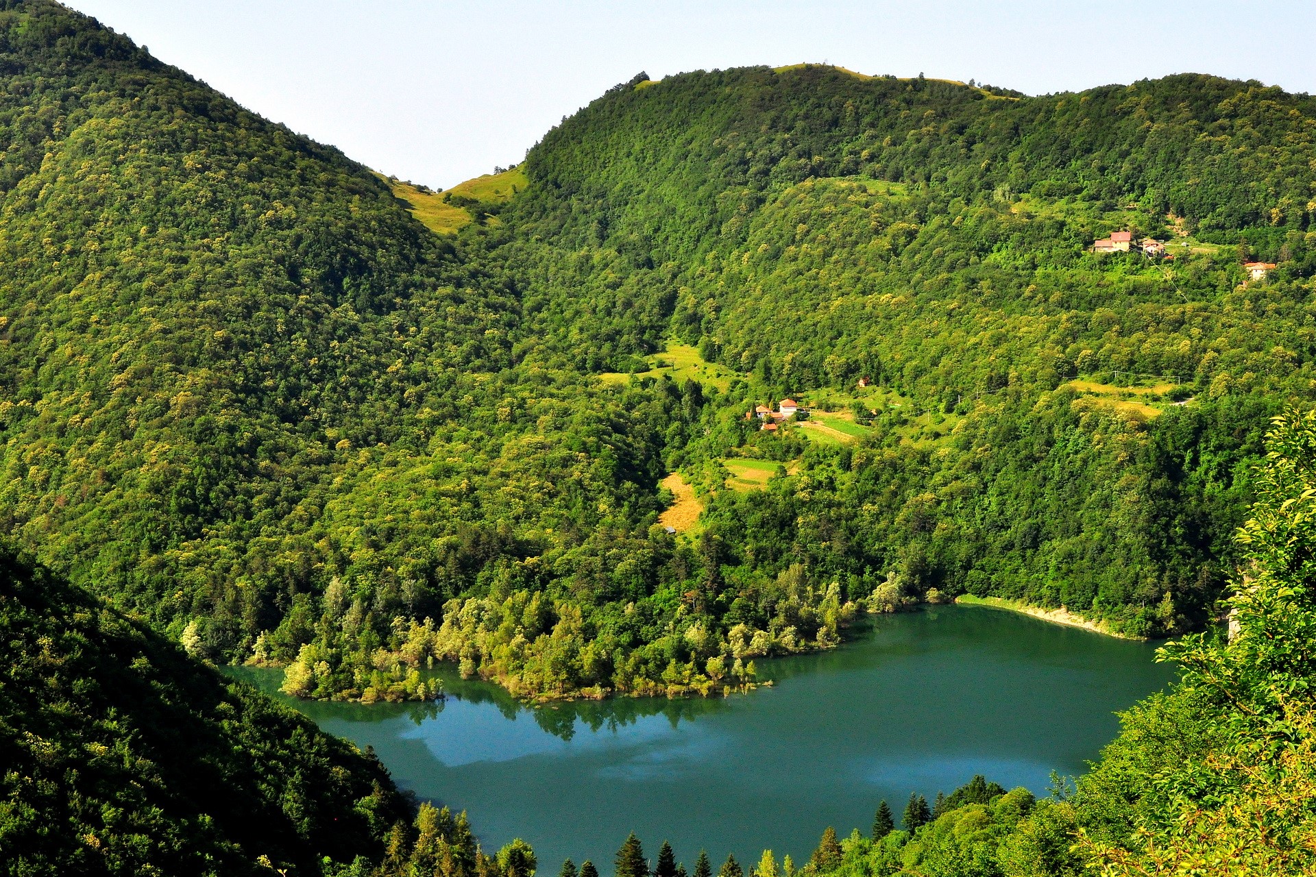 Lake surrounded by green forested mountains HD Wallpaper