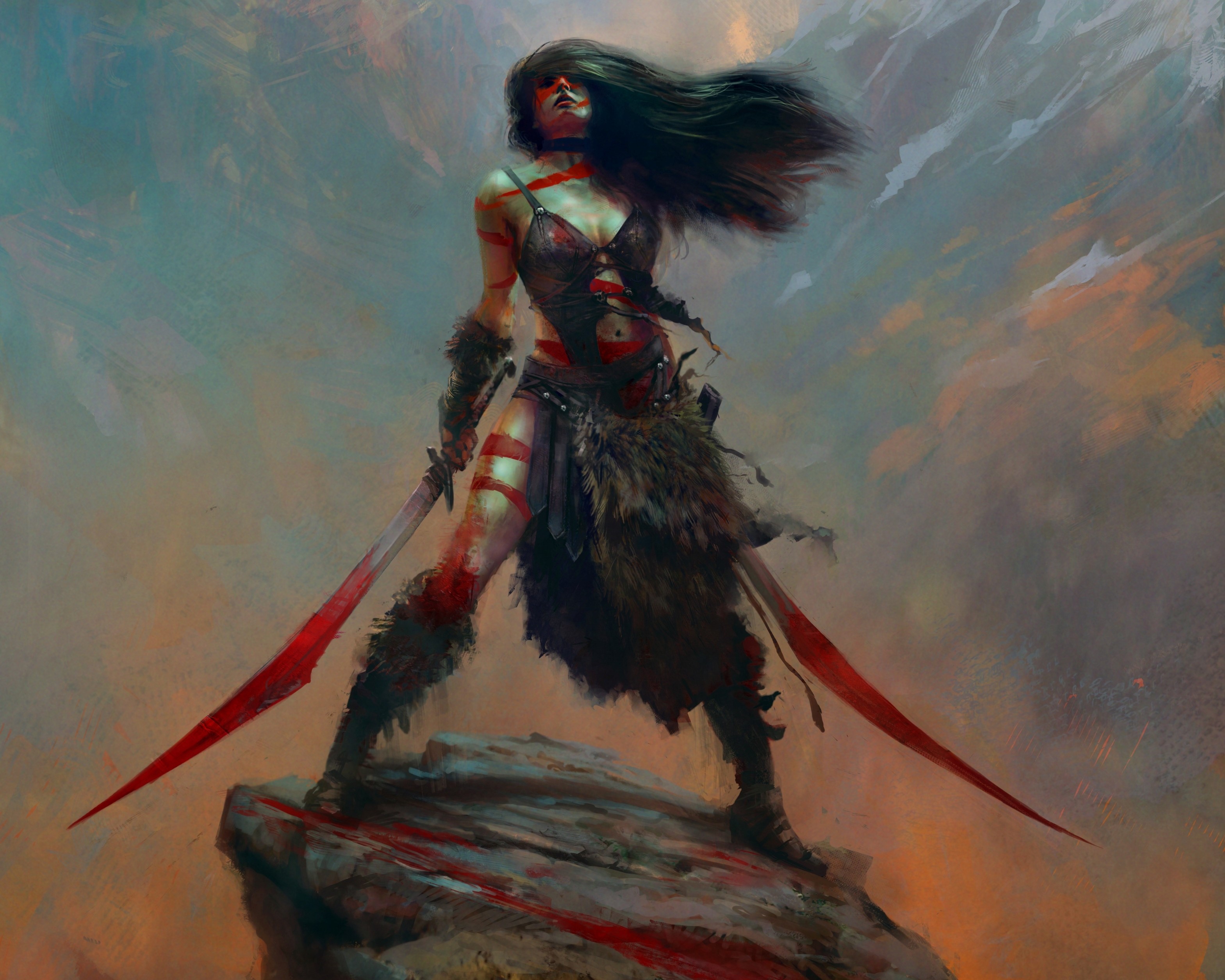 Warrior woman with two swords on a rocky cliff HD Wallpaper