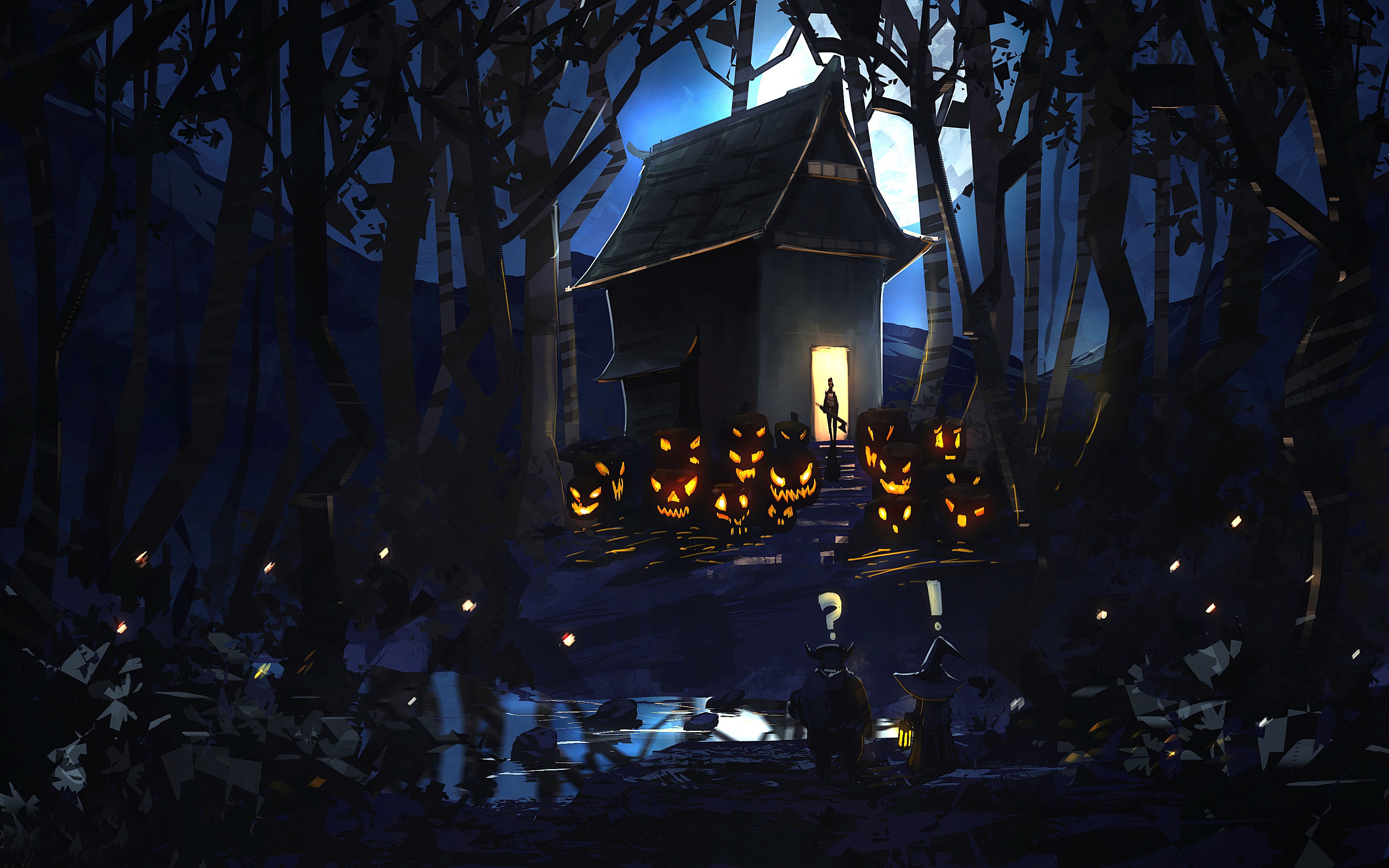 Halloween night with pumpkins and a haunted house HD Wallpaper