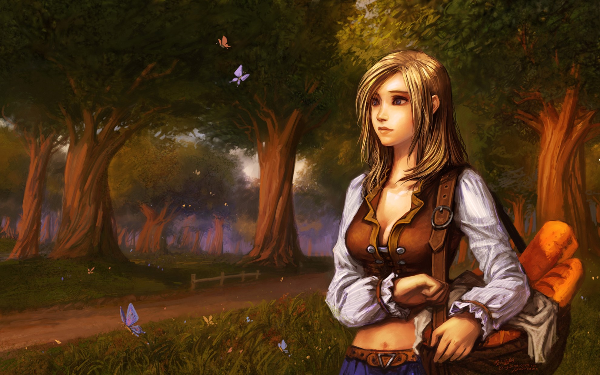 Girl with bag of bread in World of WarCraft forest HD Wallpaper