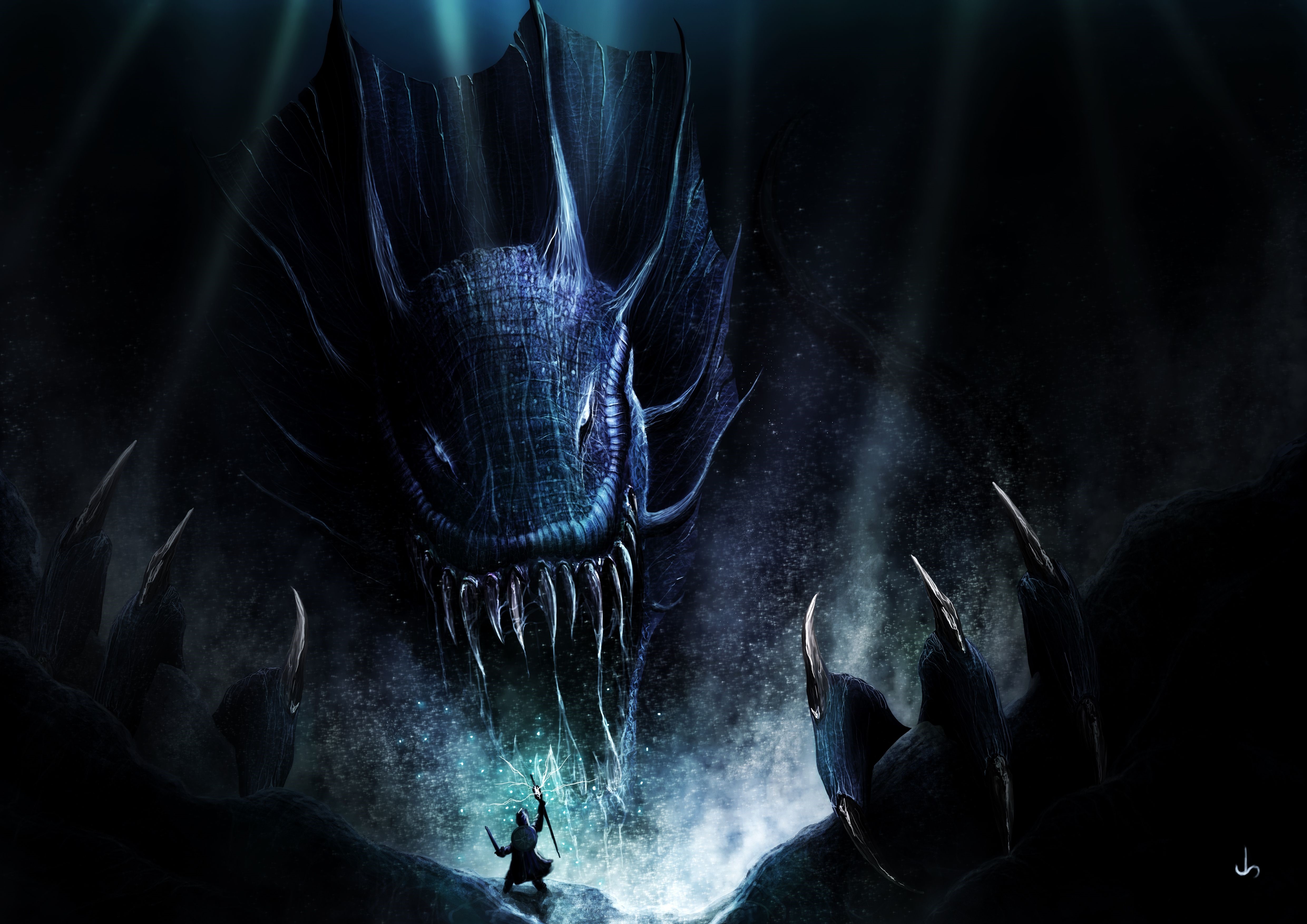 Giant Dragon confronts a warrior HD Wallpaper