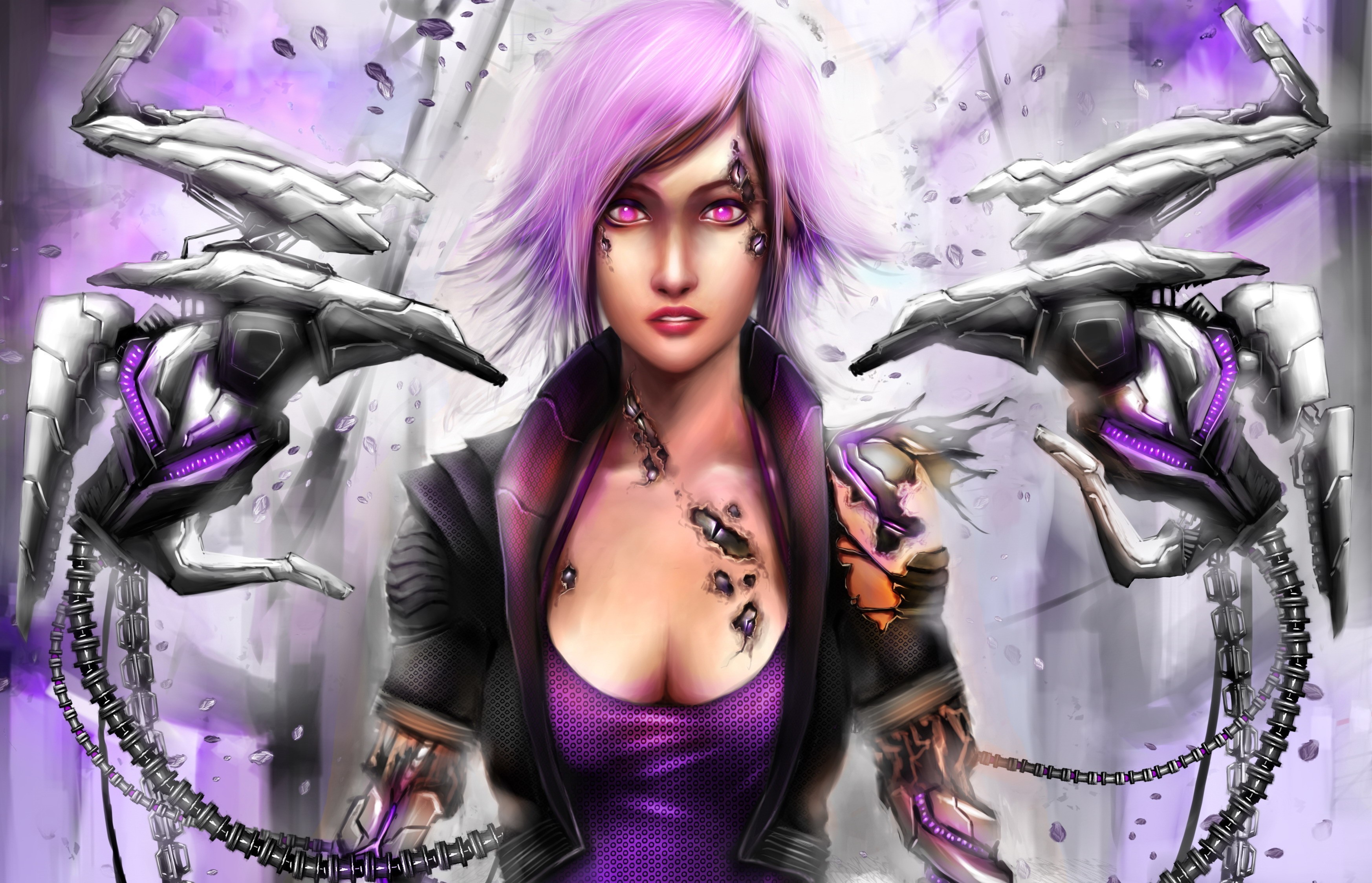 Cybernetic woman with purple hair and mechanical arms HD Wallpaper