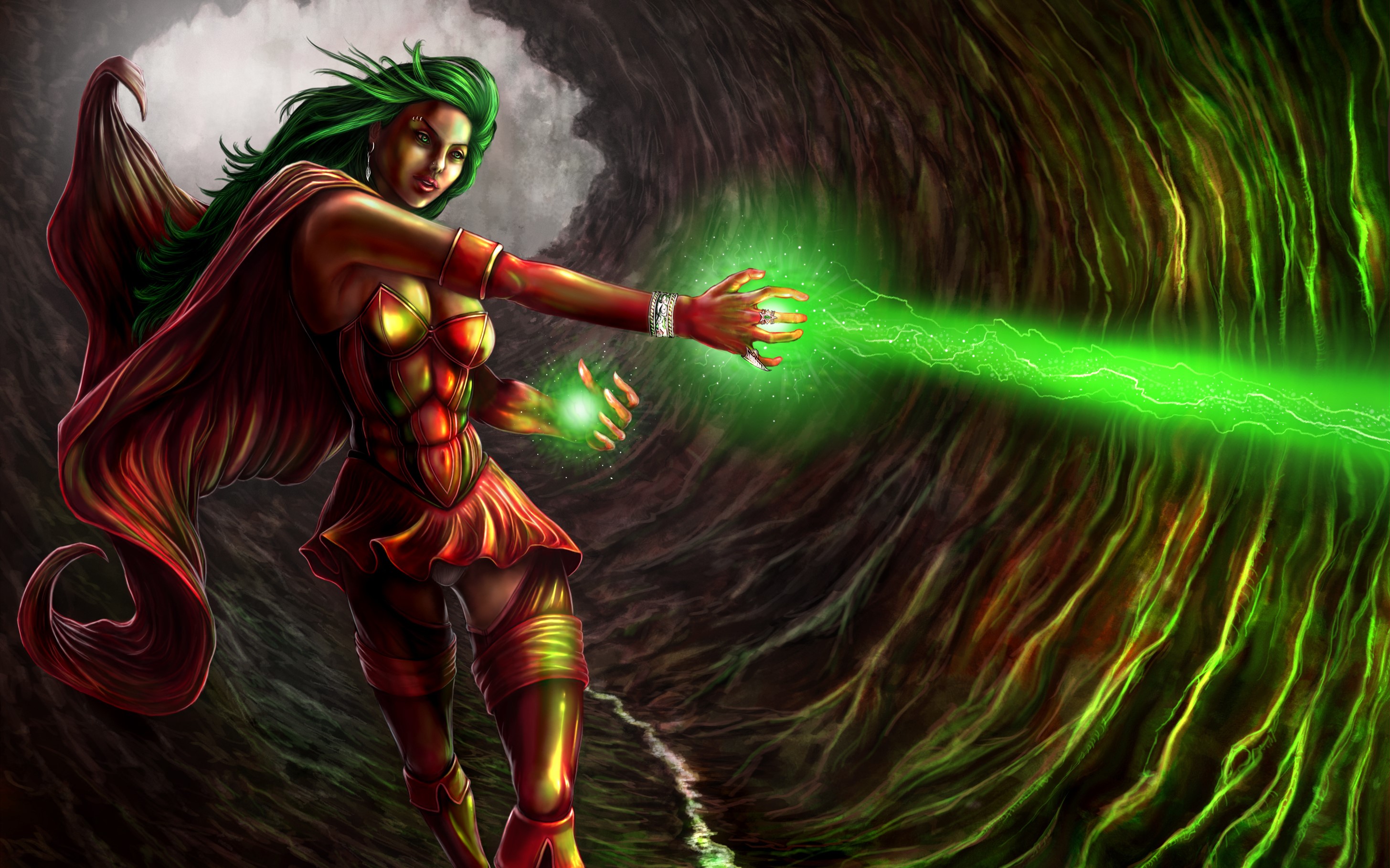 Woman with green hair casting green magic HD Wallpaper