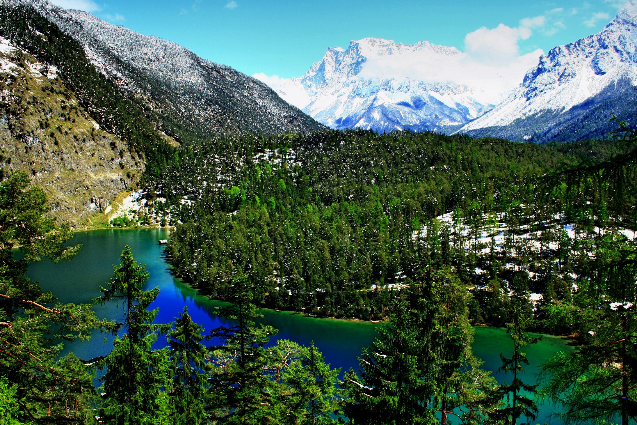 Snow-capped mountains overlooking a forest and lake HD Wallpaper