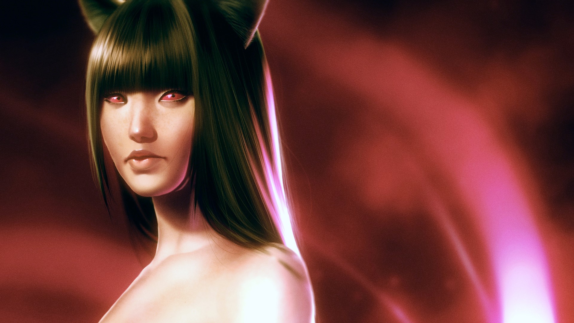 Woman with cat ears and red eyes HD Wallpaper