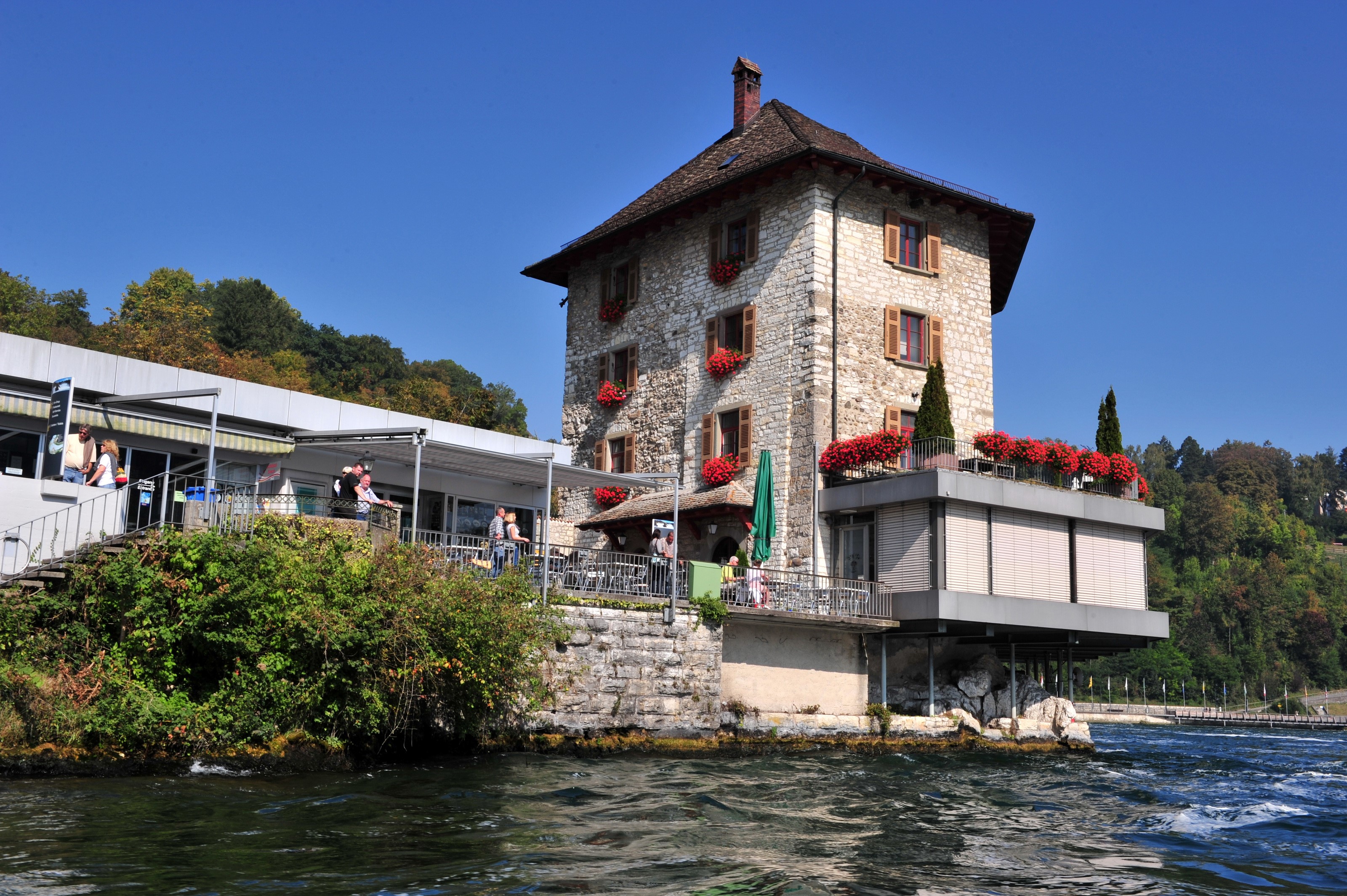 Restaurant building on the Rhine River in Switzerland HD Wallpaper