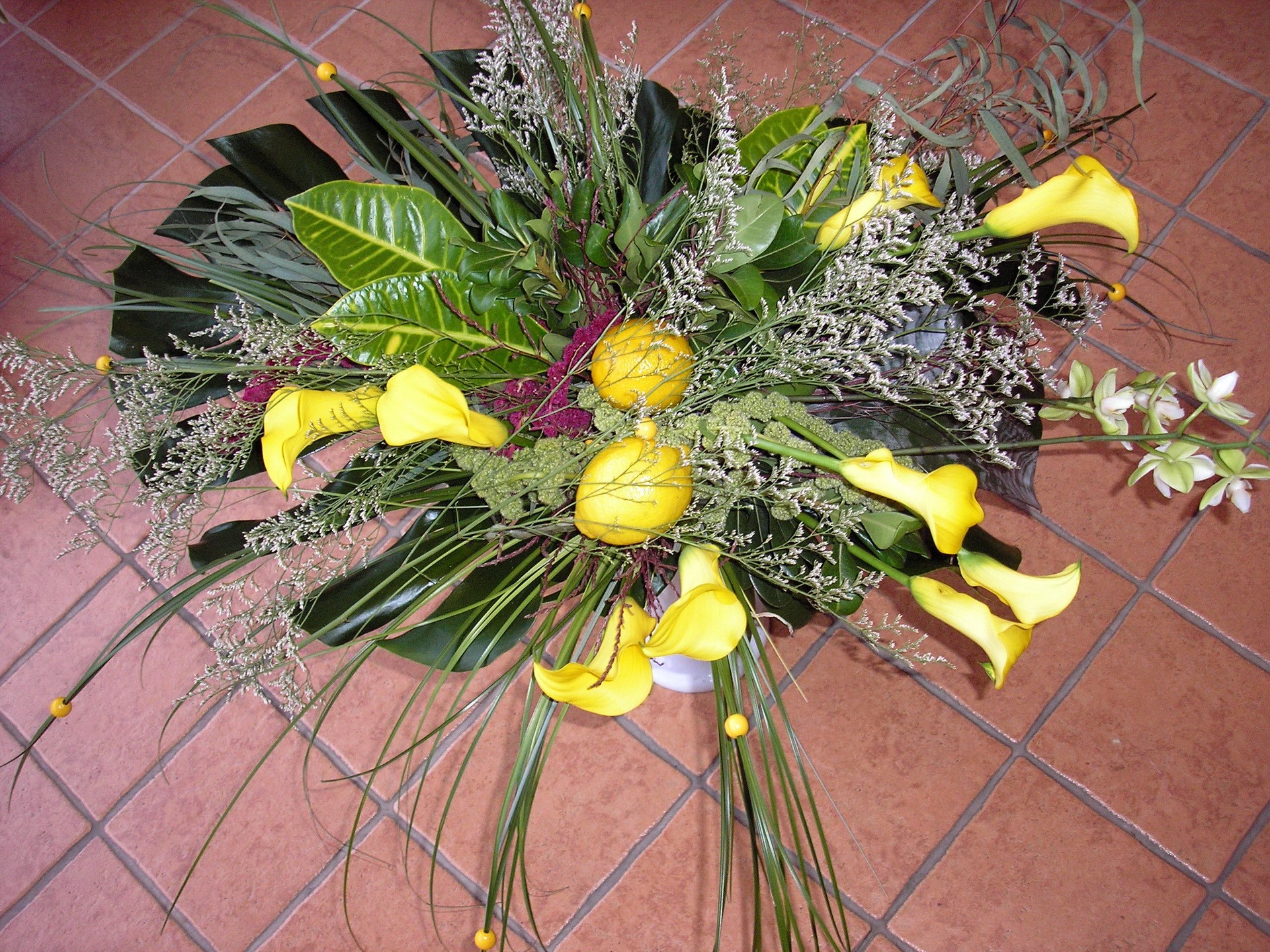 Yellow Calla Lily and Lemon Floral Arrangement HD Wallpaper