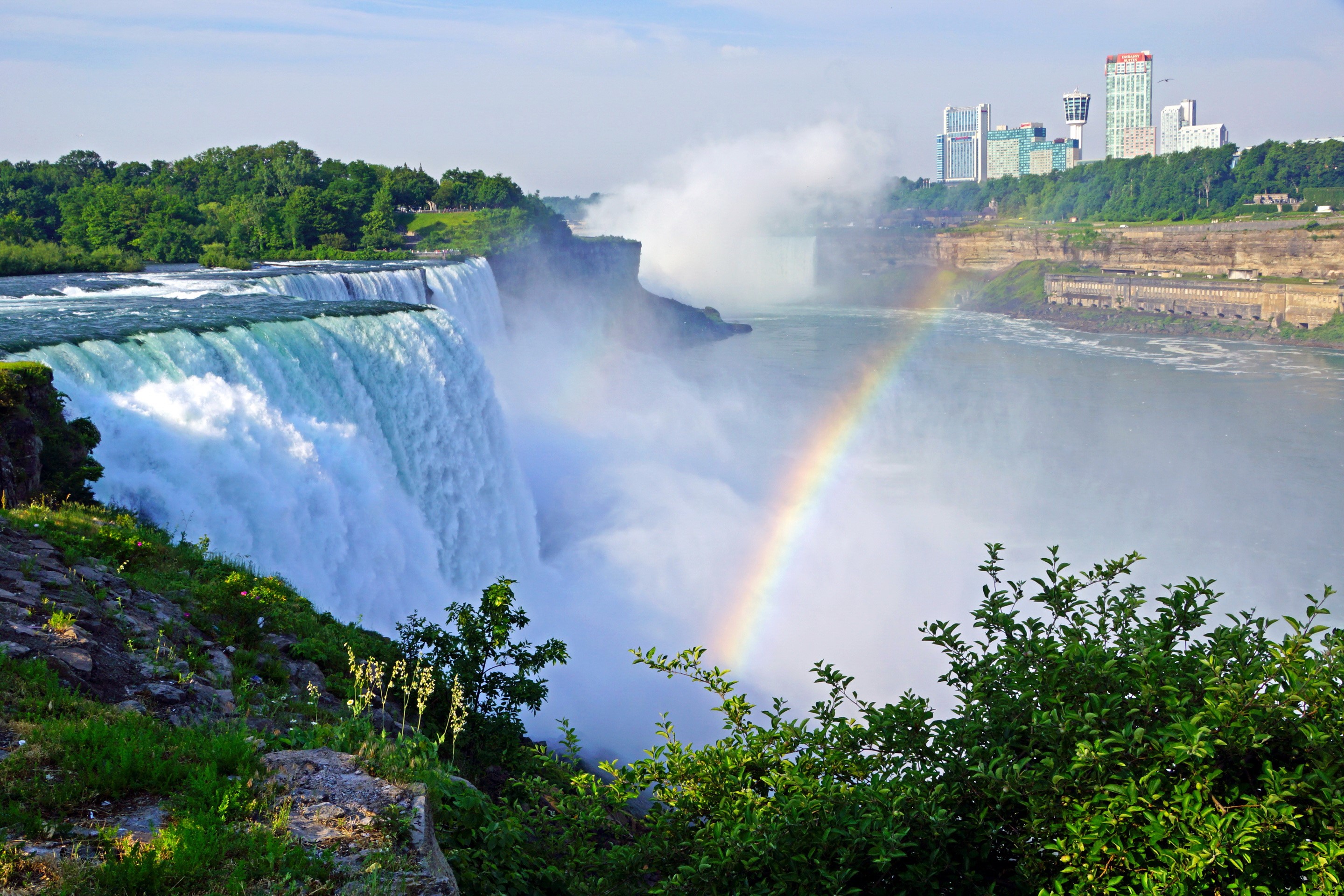 Niagara Falls with Rainbow and City Skyline HD Wallpaper