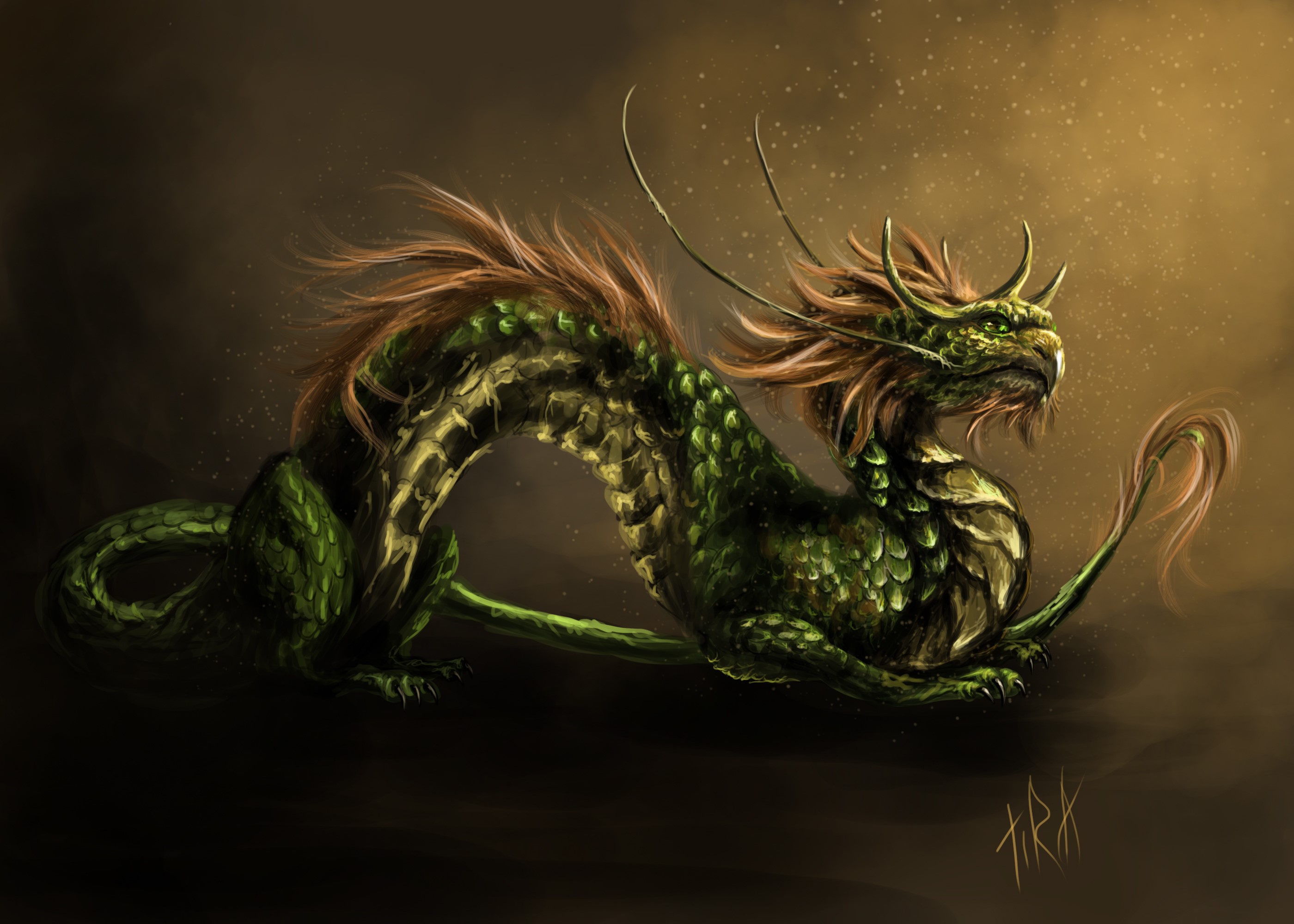 Green dragon with orange mane and tail HD Wallpaper