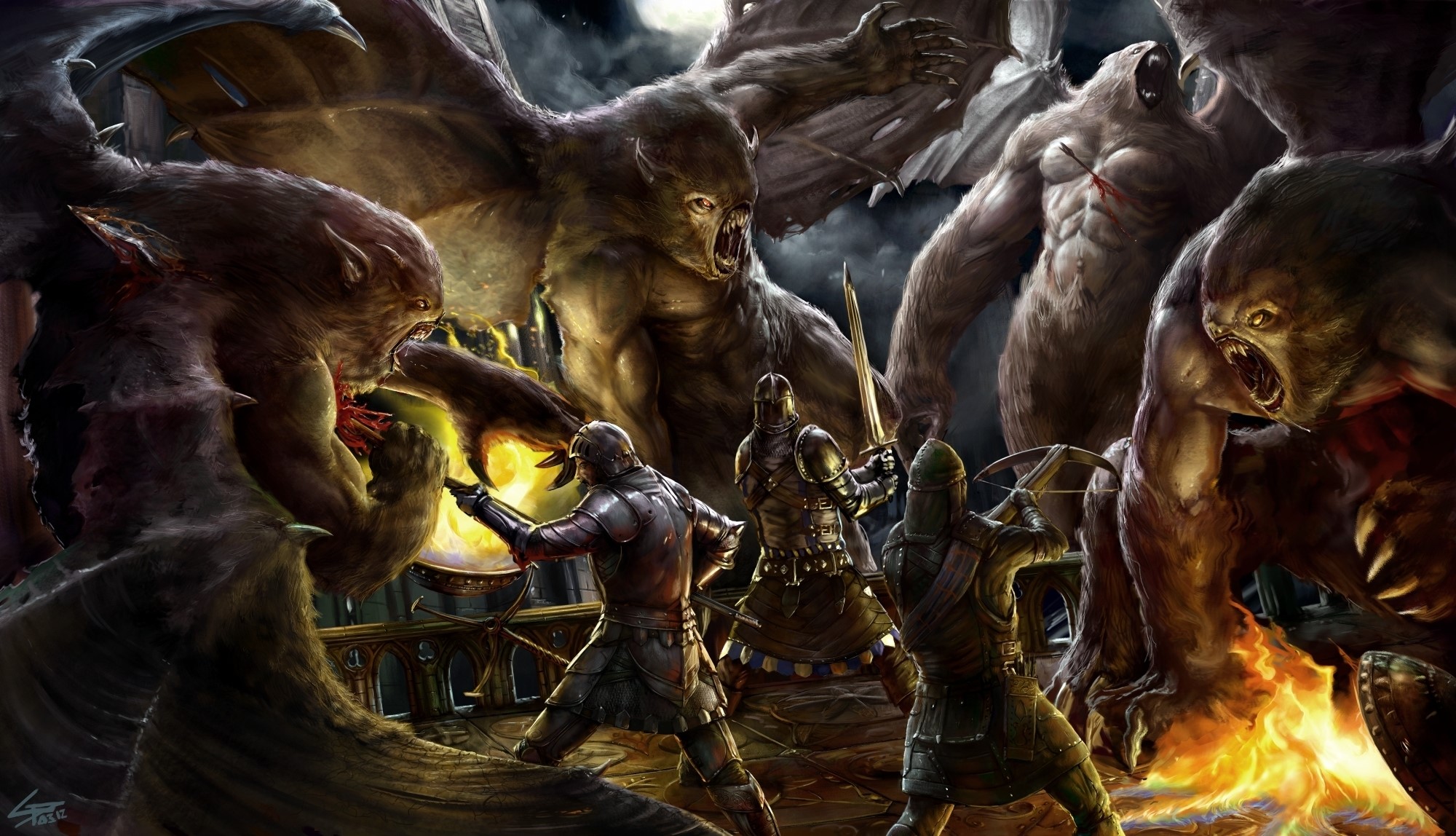 Knights battling monstrous creatures HD Wallpaper