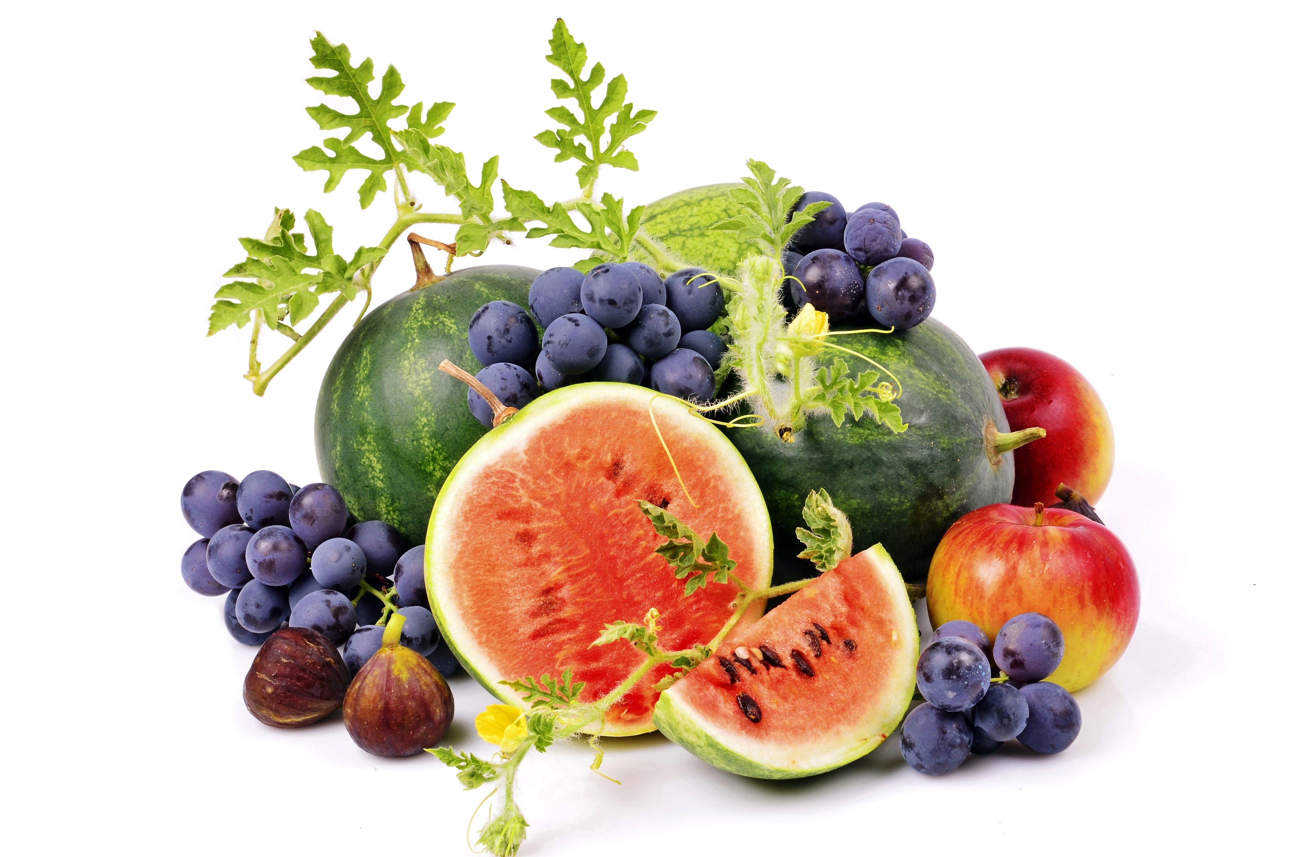 Fruit still life with watermelon, grapes, apples, and figs HD Wallpaper