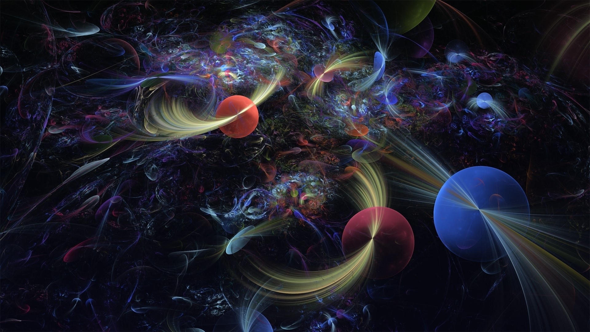 Abstract fractal art with planets and light trails HD Wallpaper