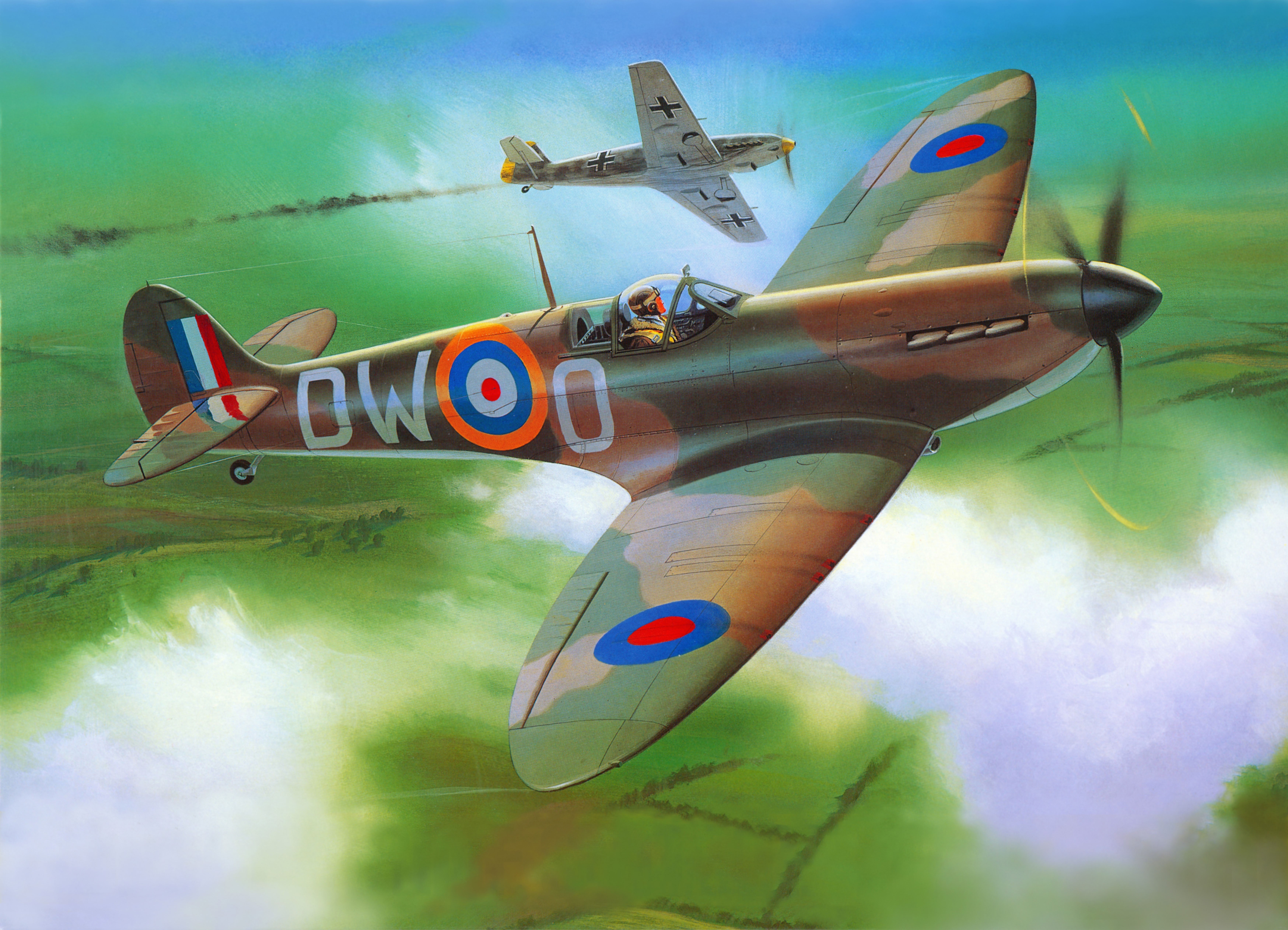 Supermarine Spitfire and Messerschmitt Bf 109 in aerial combat HD Wallpaper