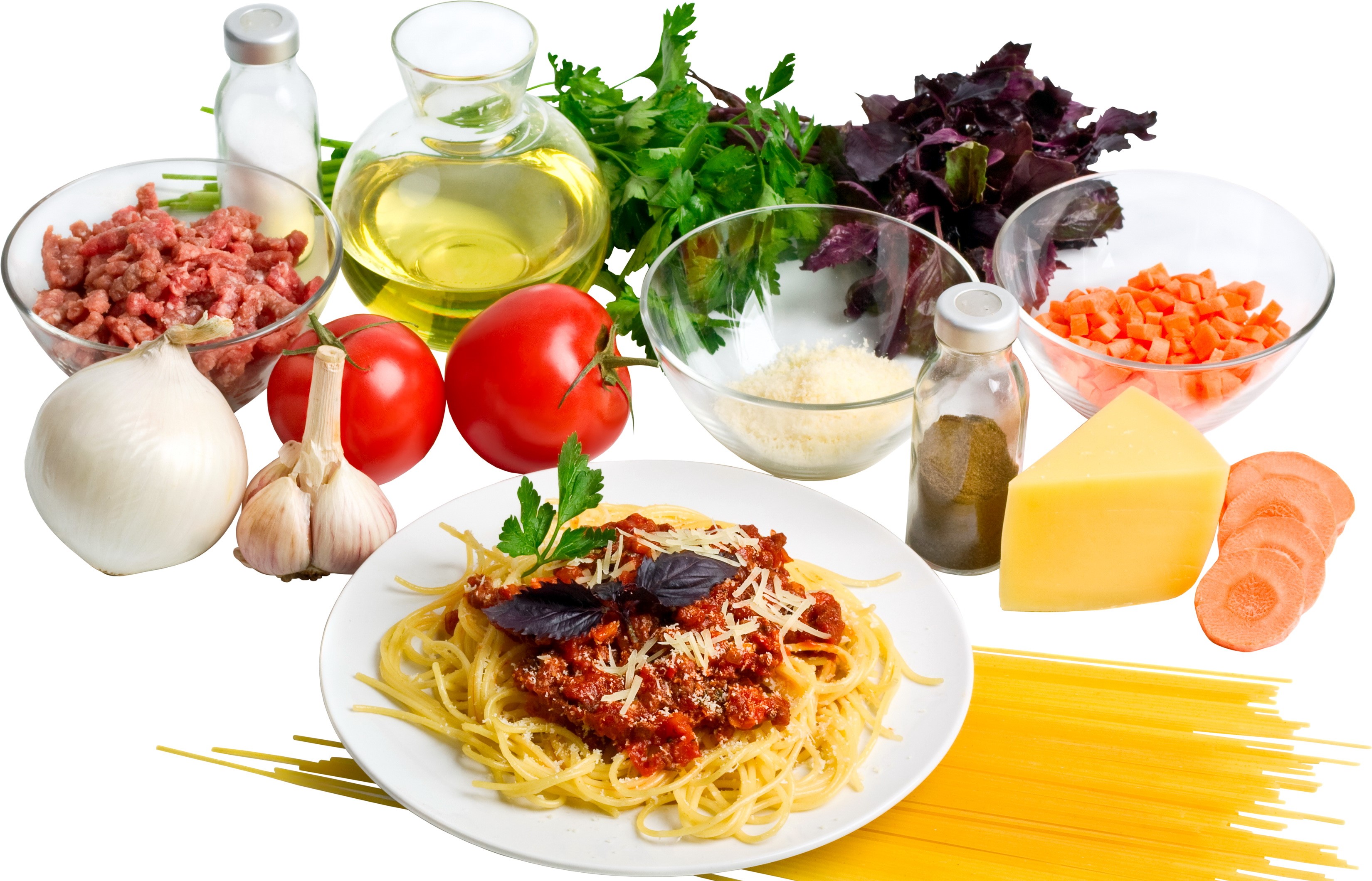 Spaghetti Bolognese ingredients and dish HD Wallpaper