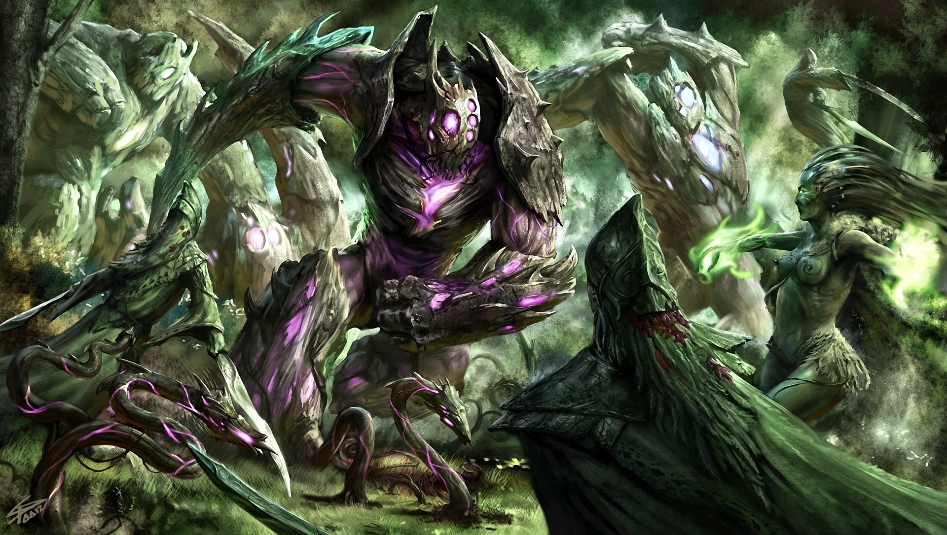 Fantasy creatures battling in a forest HD Wallpaper