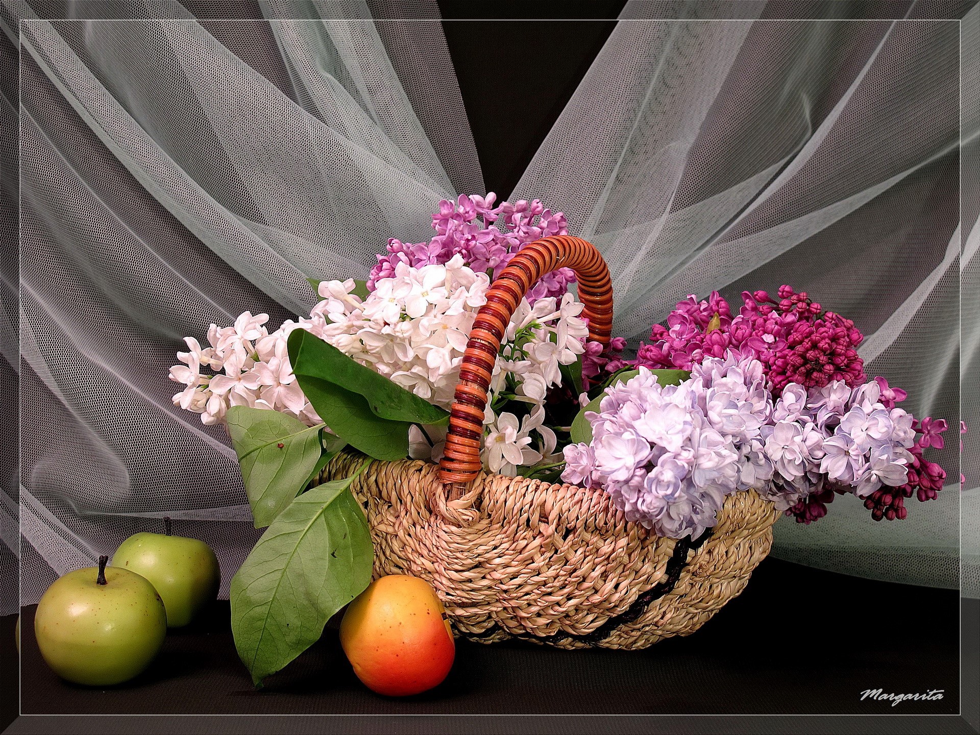 Basket of Lilacs with Apples and Pear HD Wallpaper