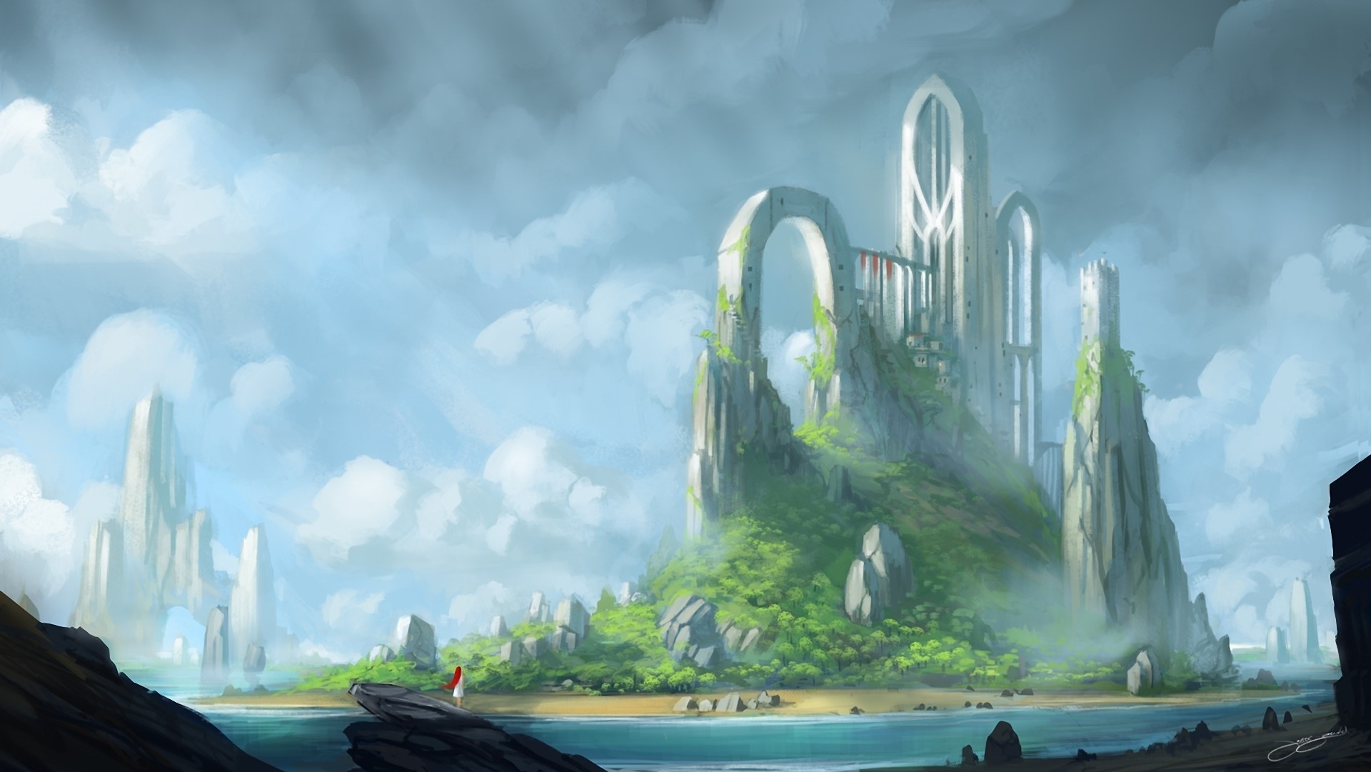 Fantasy island with ancient ruins and a lone figure HD Wallpaper