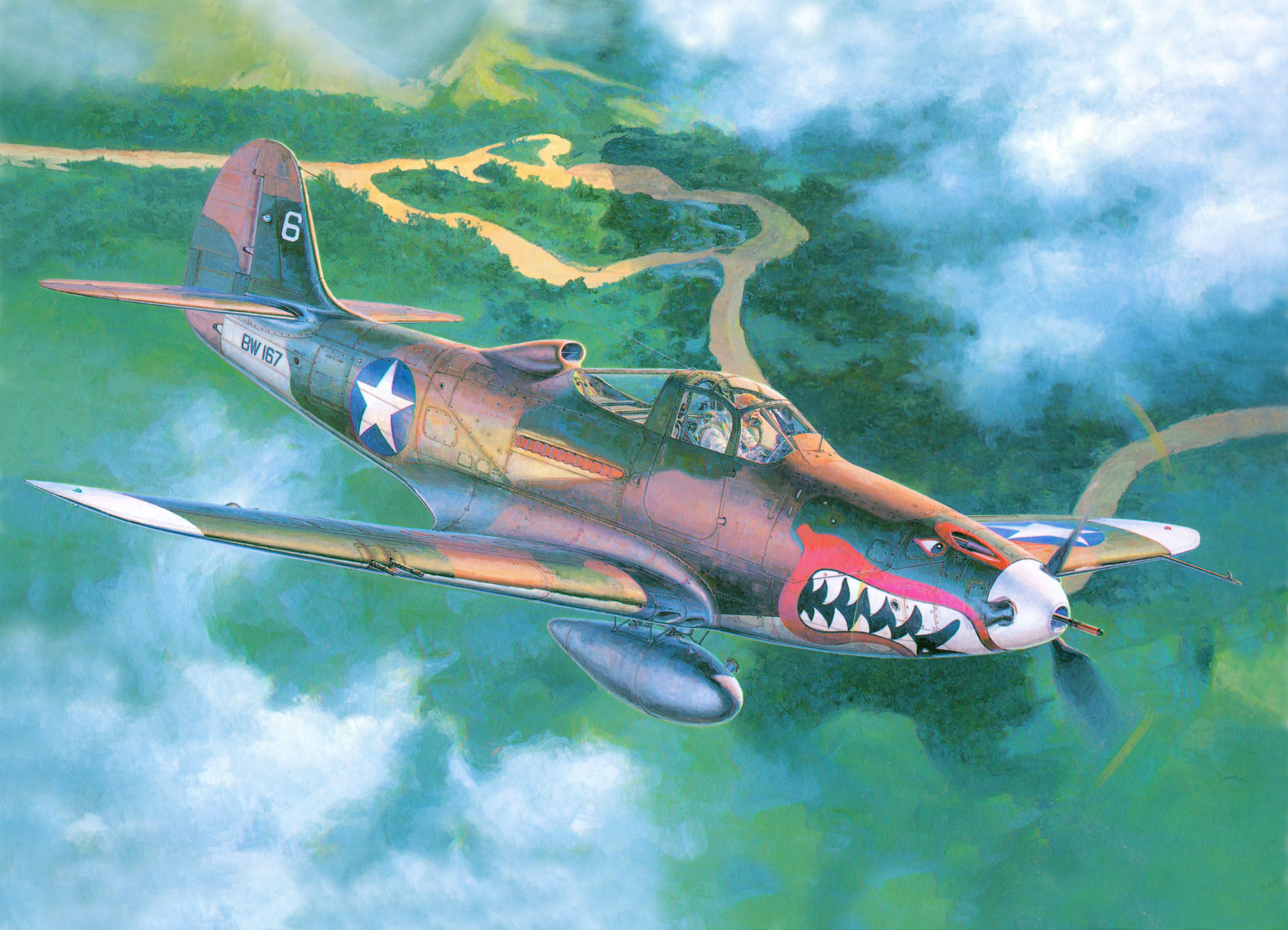 Airplane with shark mouth painting flying over landscape HD Wallpaper