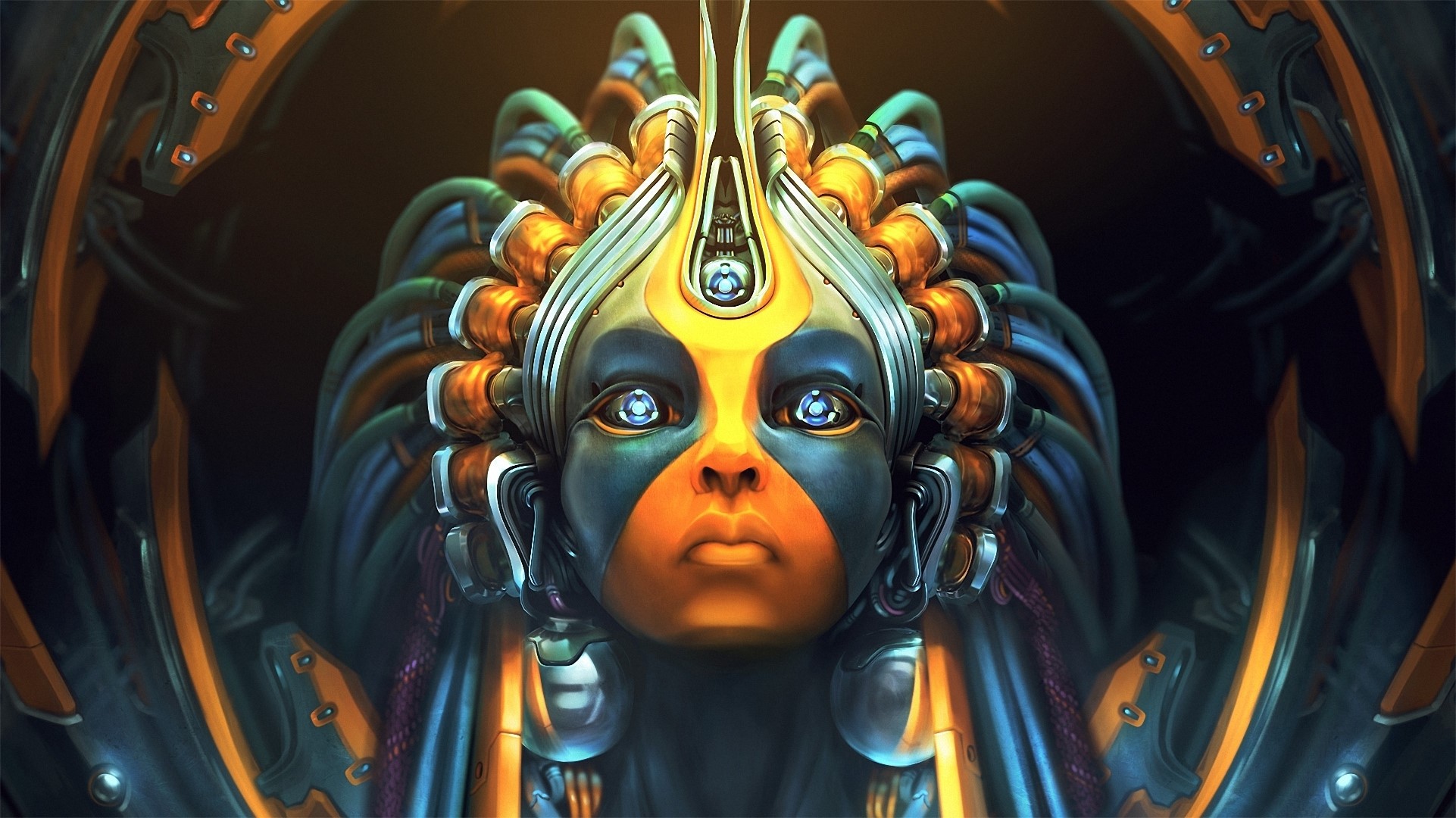 Close-up of a robotic face with blue eyes and orange accents HD Wallpaper