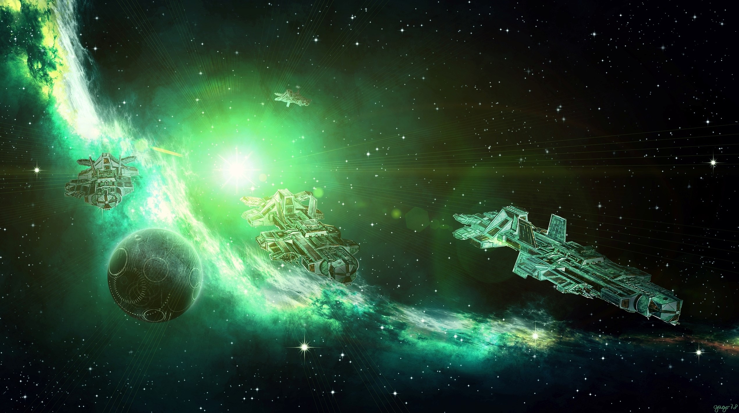 Spaceships in a green nebula with a planet HD Wallpaper