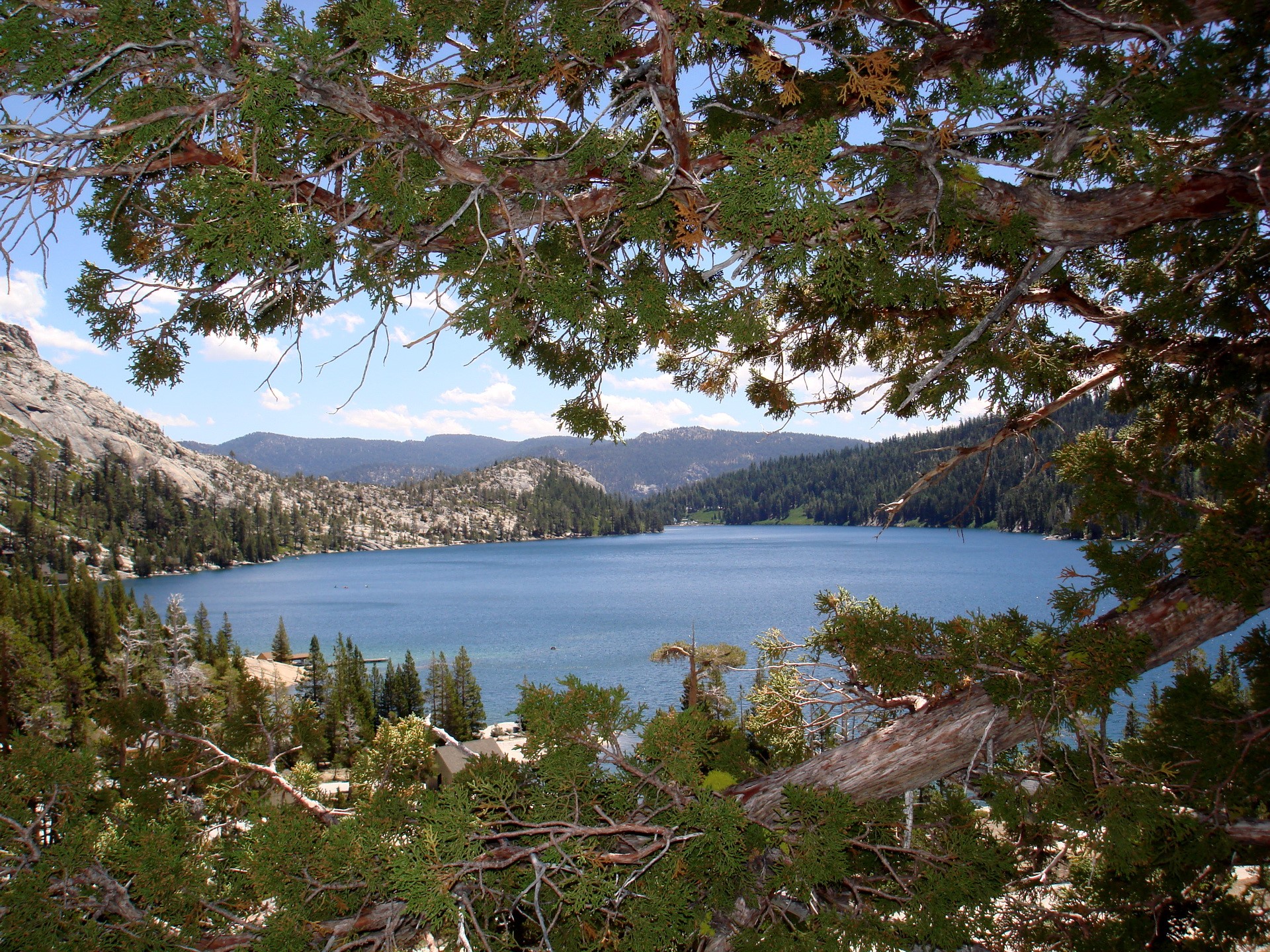 Lake surrounded by trees and mountains in the USA HD Wallpaper