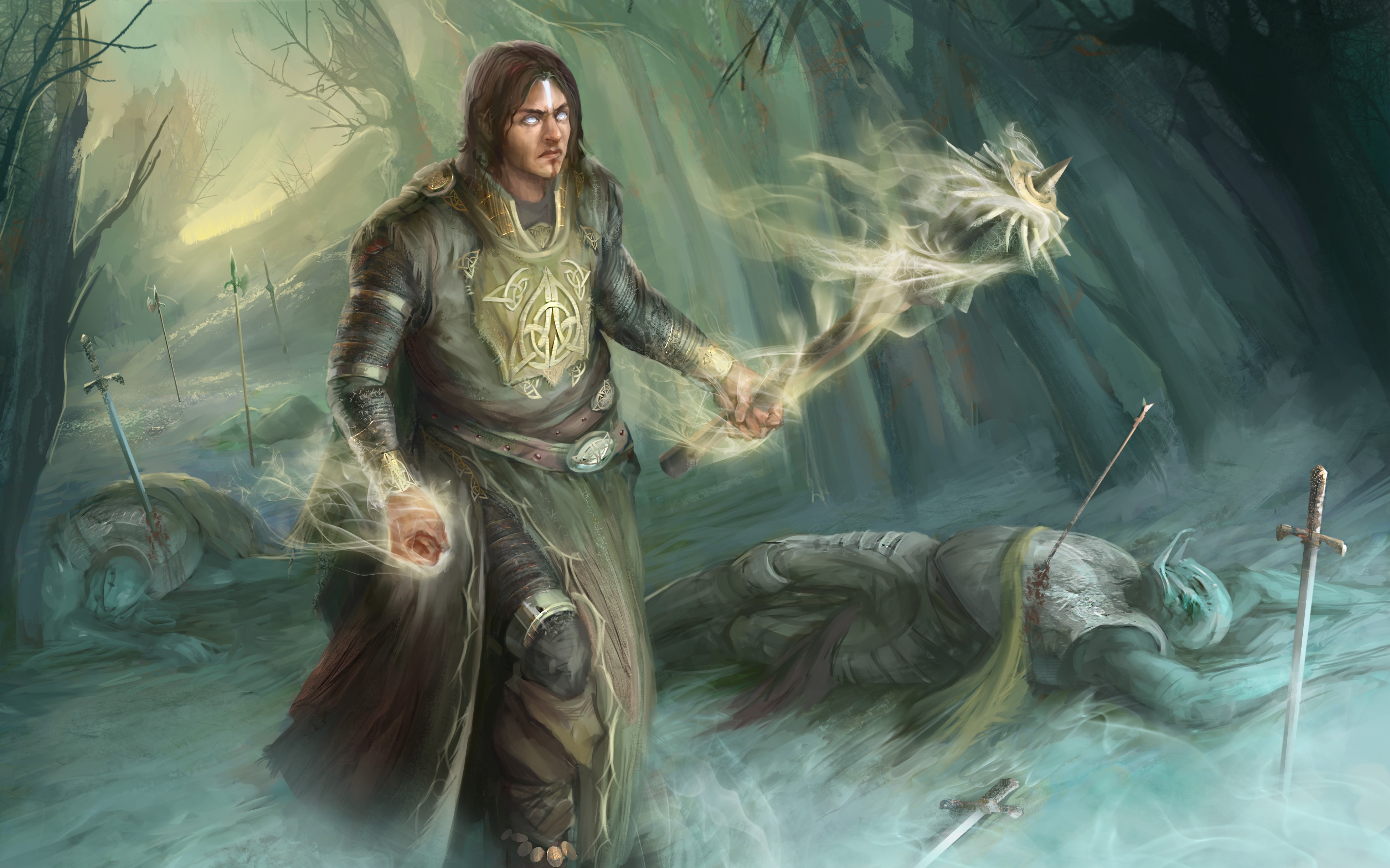 Warrior casting magic in a forest with fallen soldiers HD Wallpaper