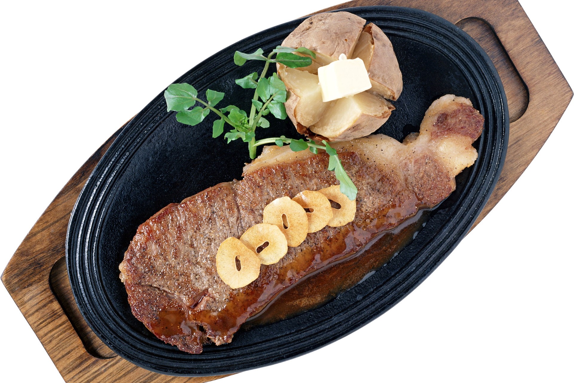Steak with baked potato and garlic chips HD Wallpaper