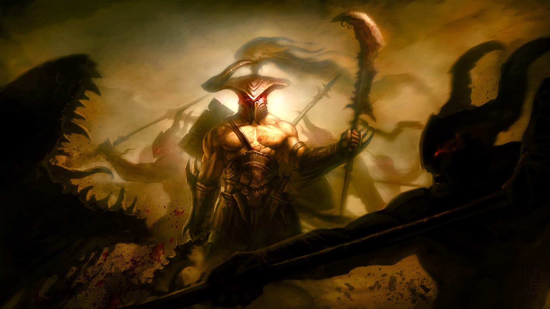 Warriors and demons in battle HD Wallpaper