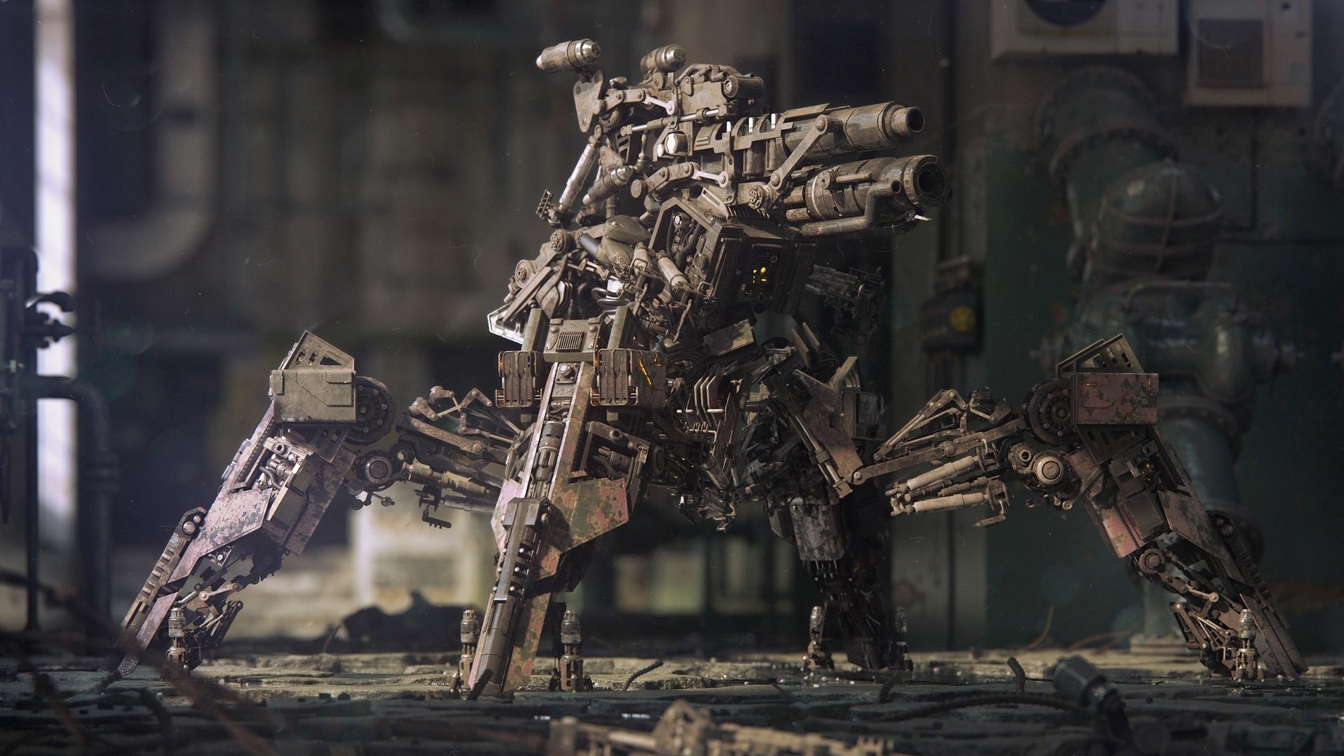 A mechanical spider-like robot with weapons in a derelict building HD Wallpaper