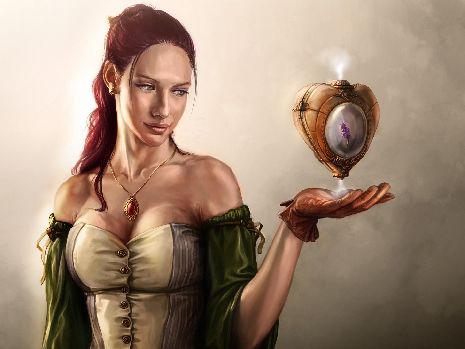 Woman holding a steampunk heart-shaped potion HD Wallpaper