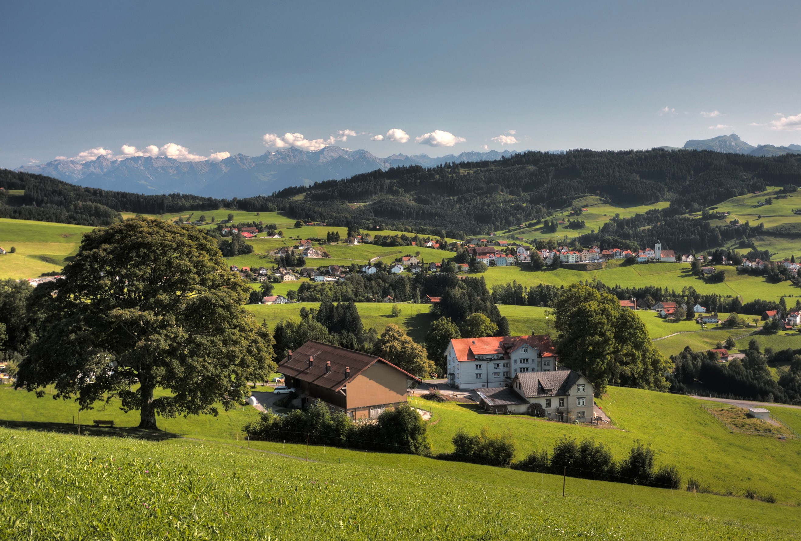 Village in the Swiss Alps with Mountains HD Wallpaper