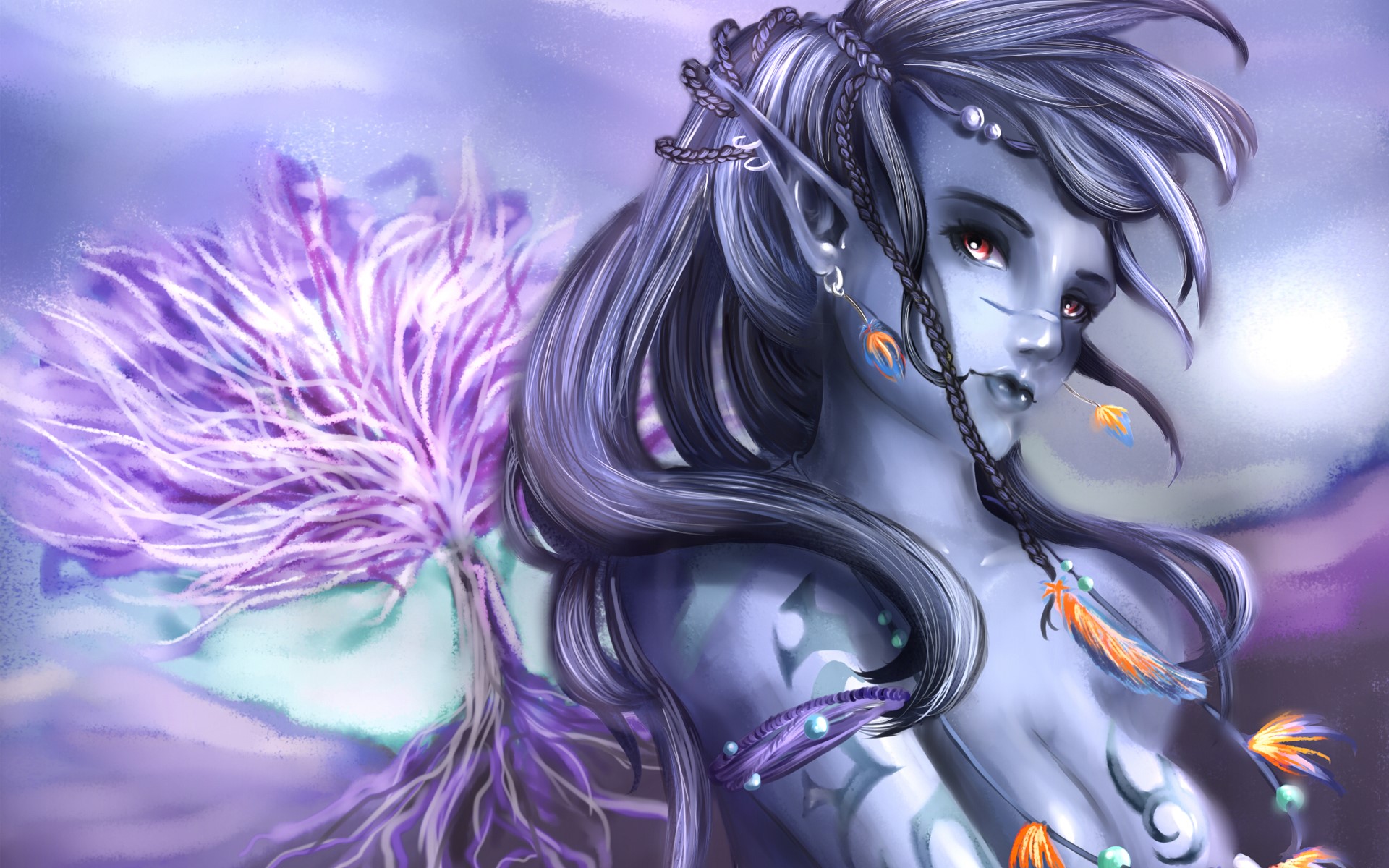 Blue-skinned elf with feathers and braids HD Wallpaper