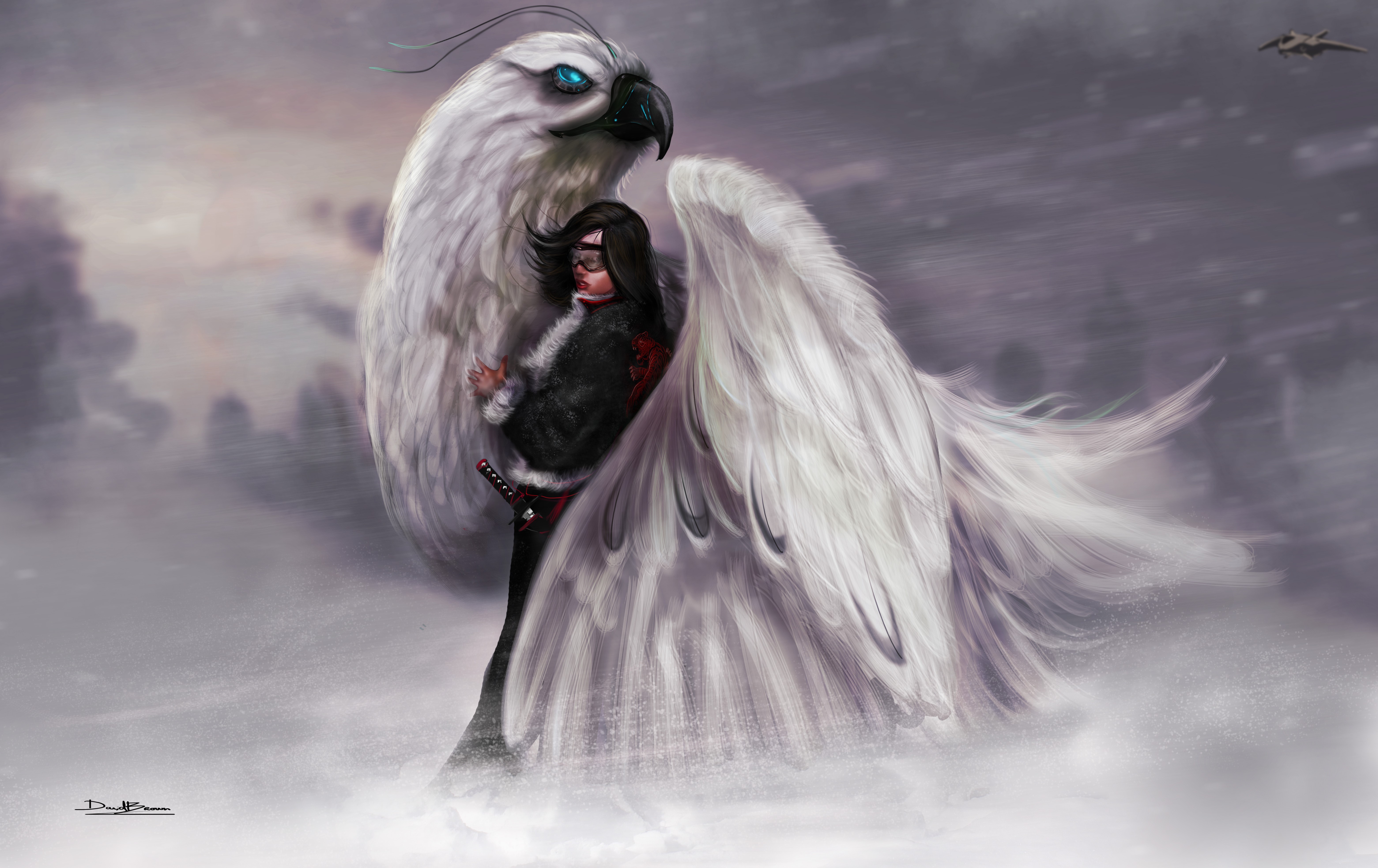 Warrior with a large white bird in the snow HD Wallpaper