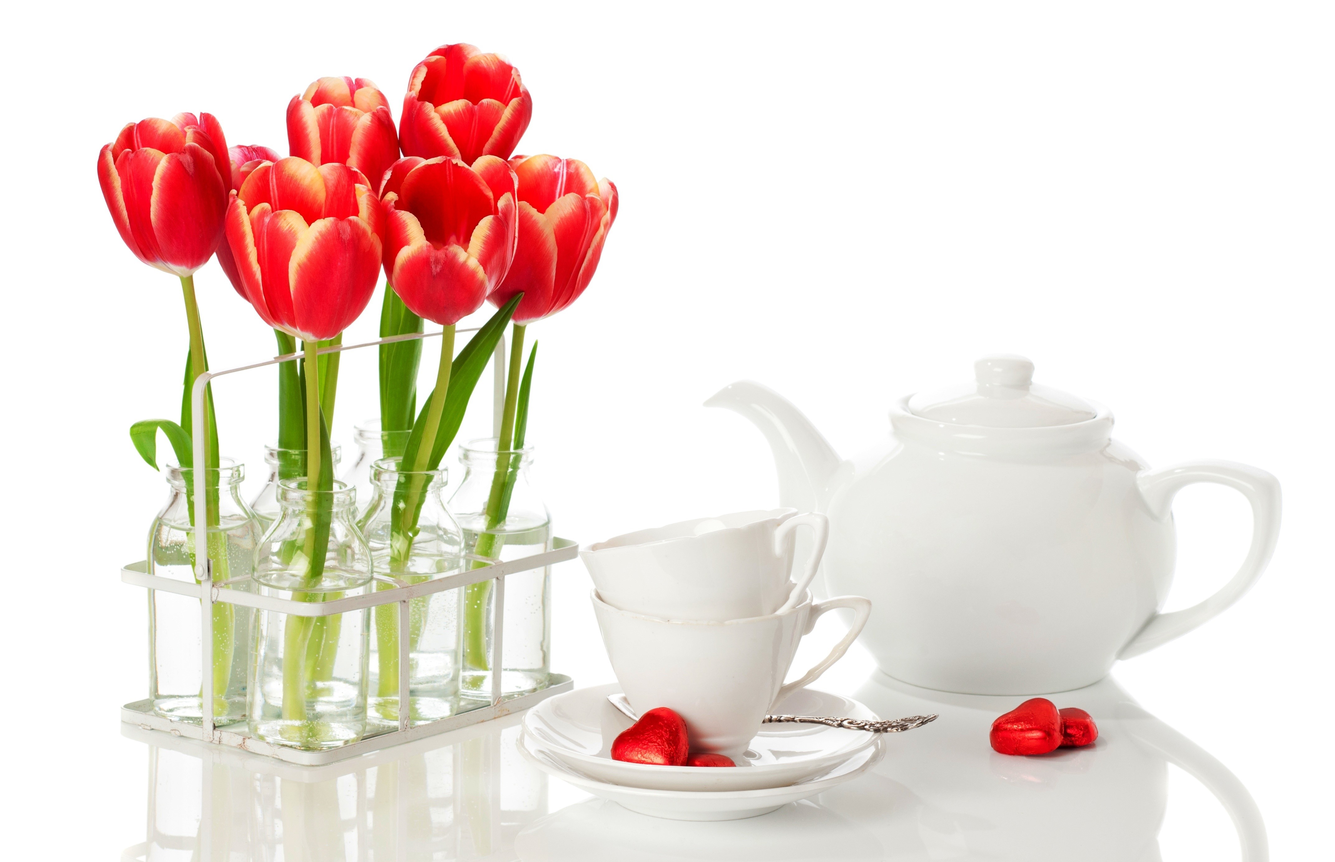 Red Tulips with Teacups and Heart Candies HD Wallpaper