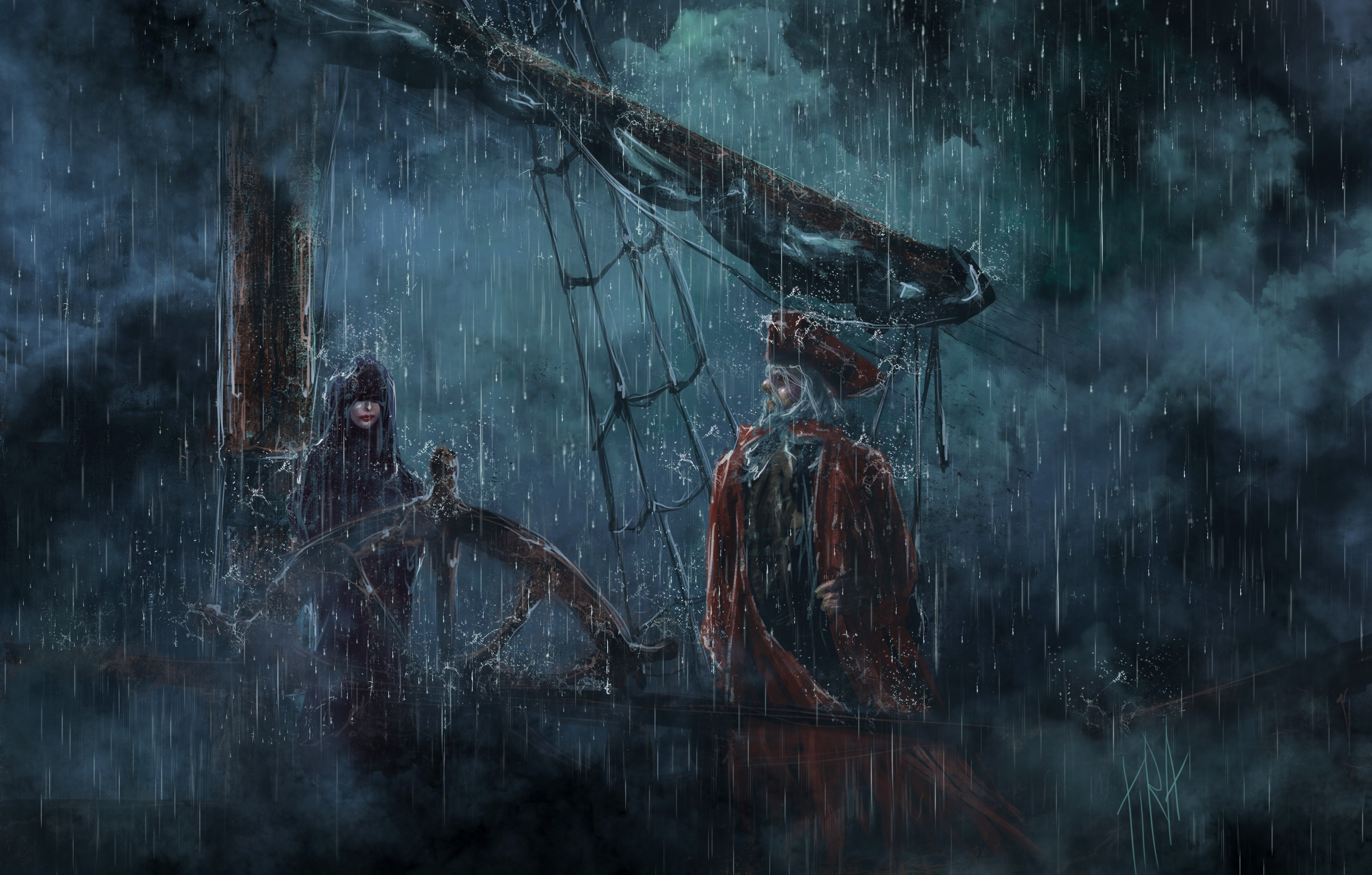Pirates on a Ship in the Rain at Night HD Wallpaper