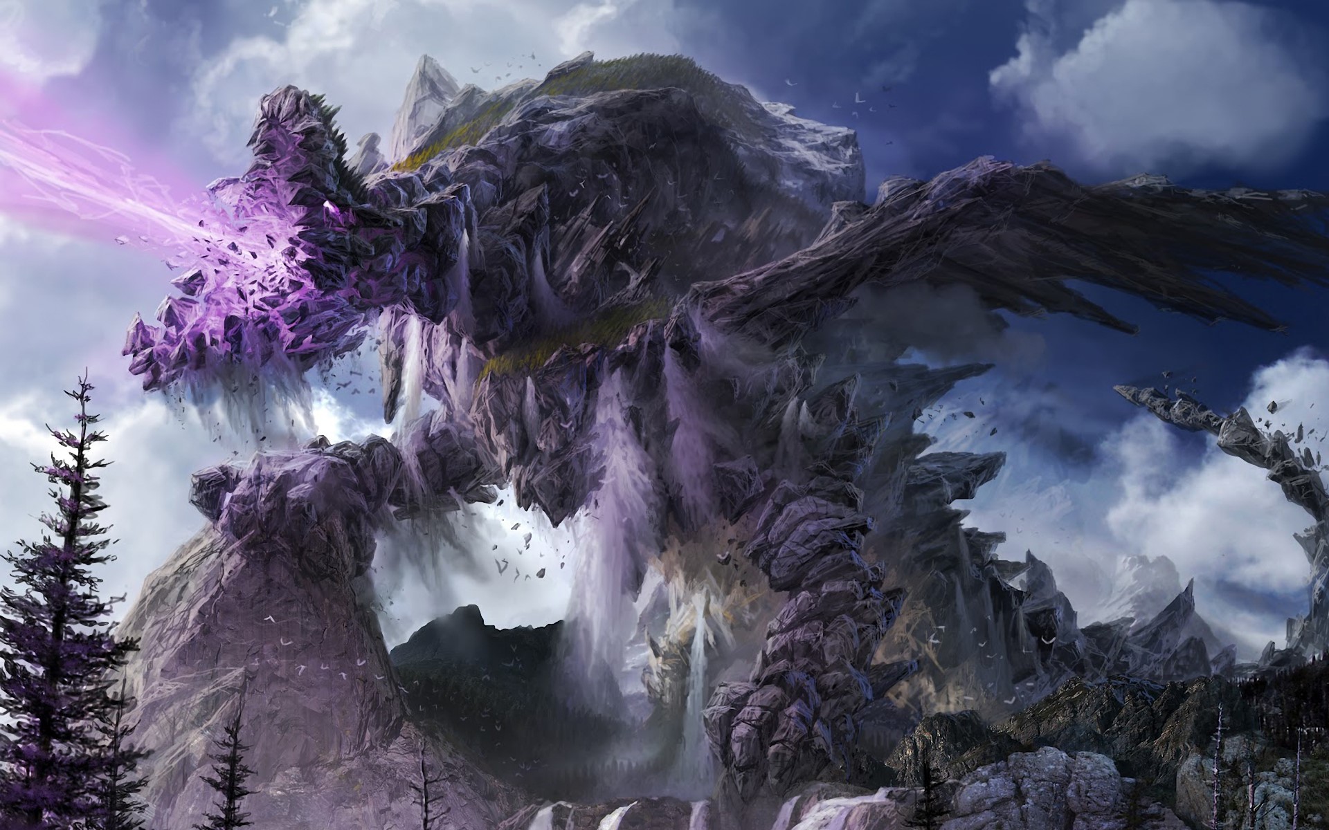A colossal rock dragon breathing purple energy HD Wallpaper
